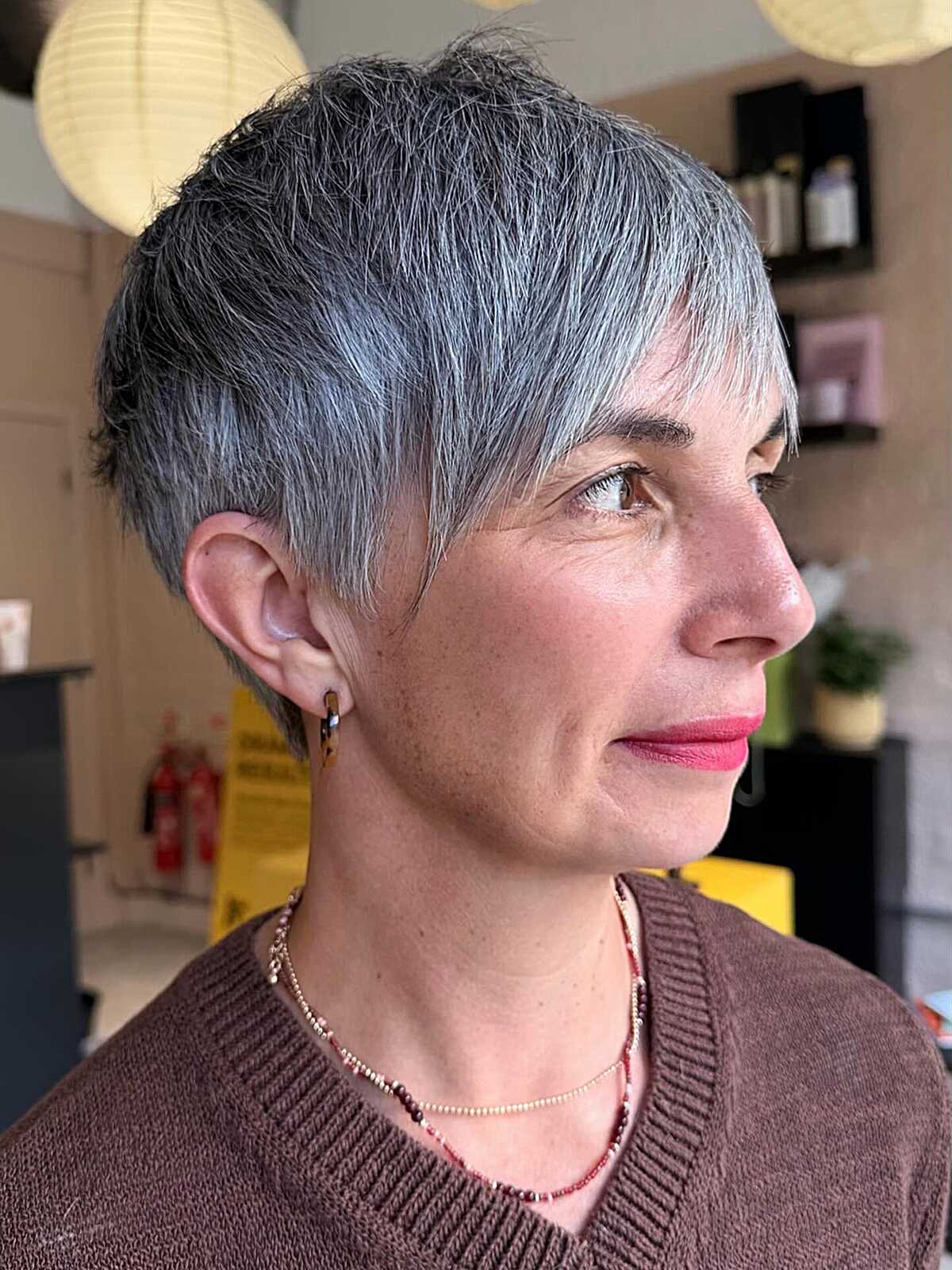 Steel gray precision pixie with choppy fringe