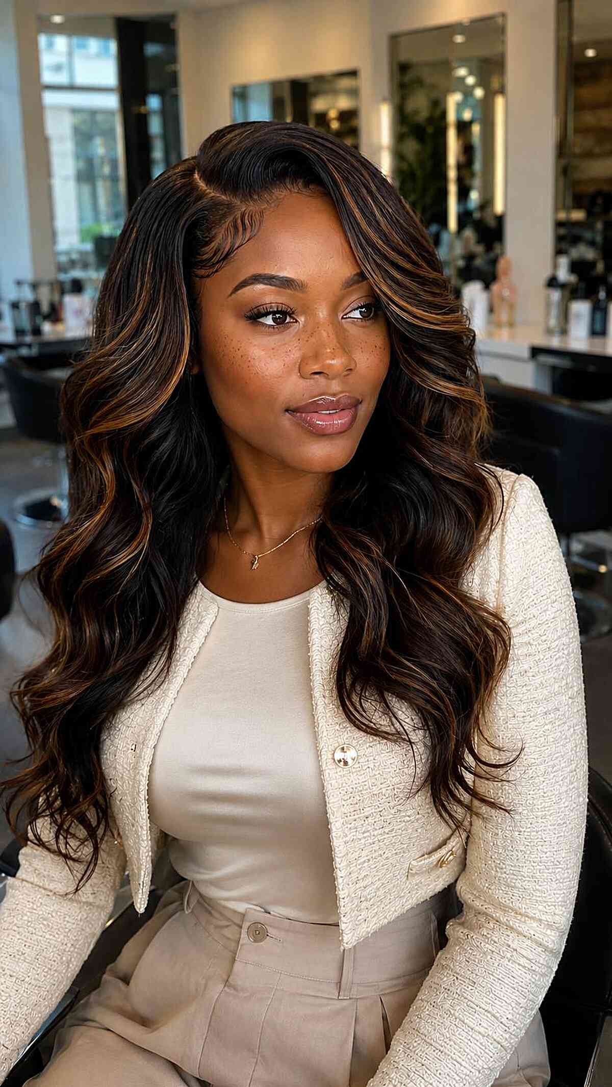 Stunning Long Layered Waves with Golden Highlights