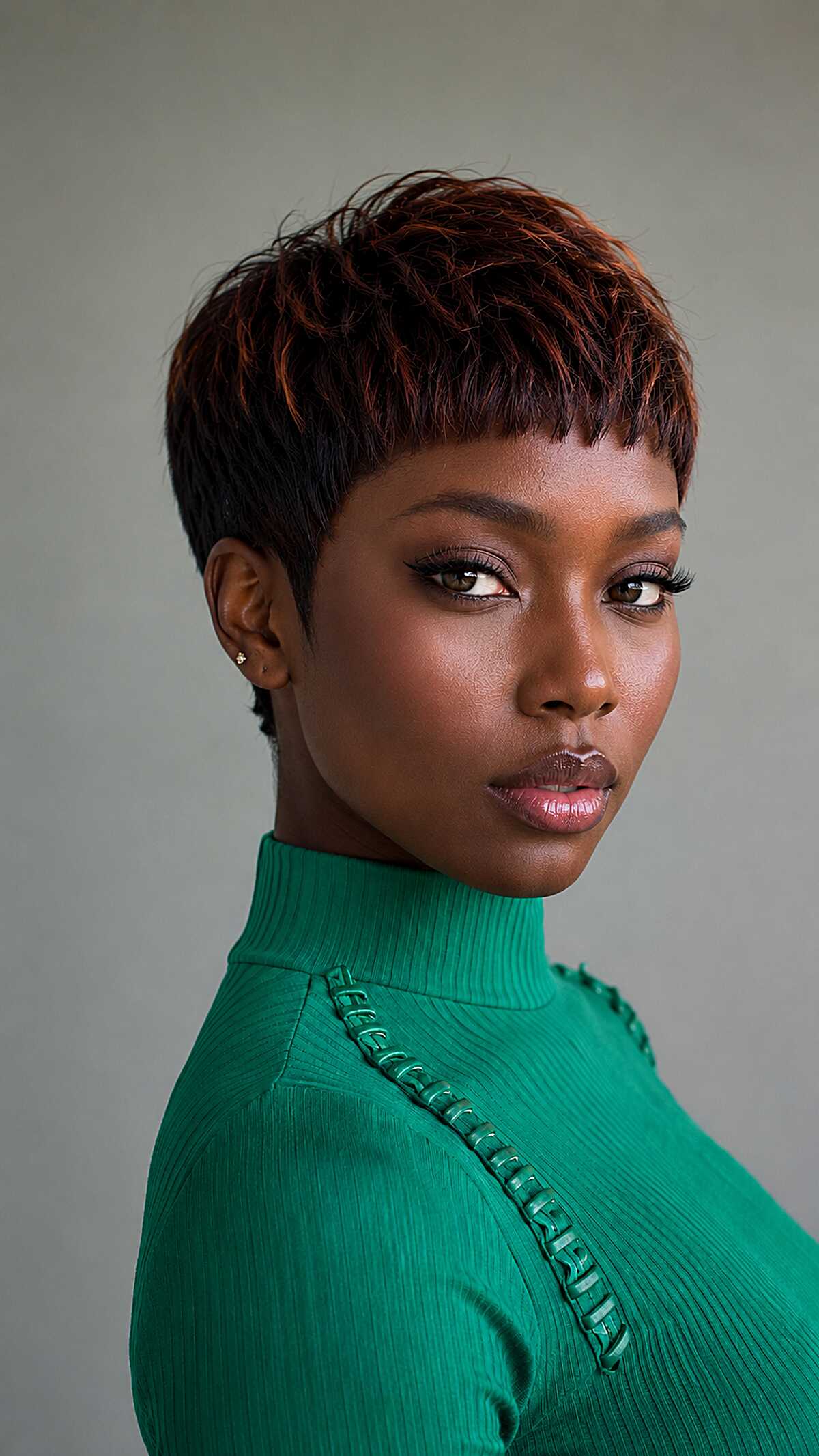 Tapered Pixie with Auburn Highlights and Precision Micro Fringe