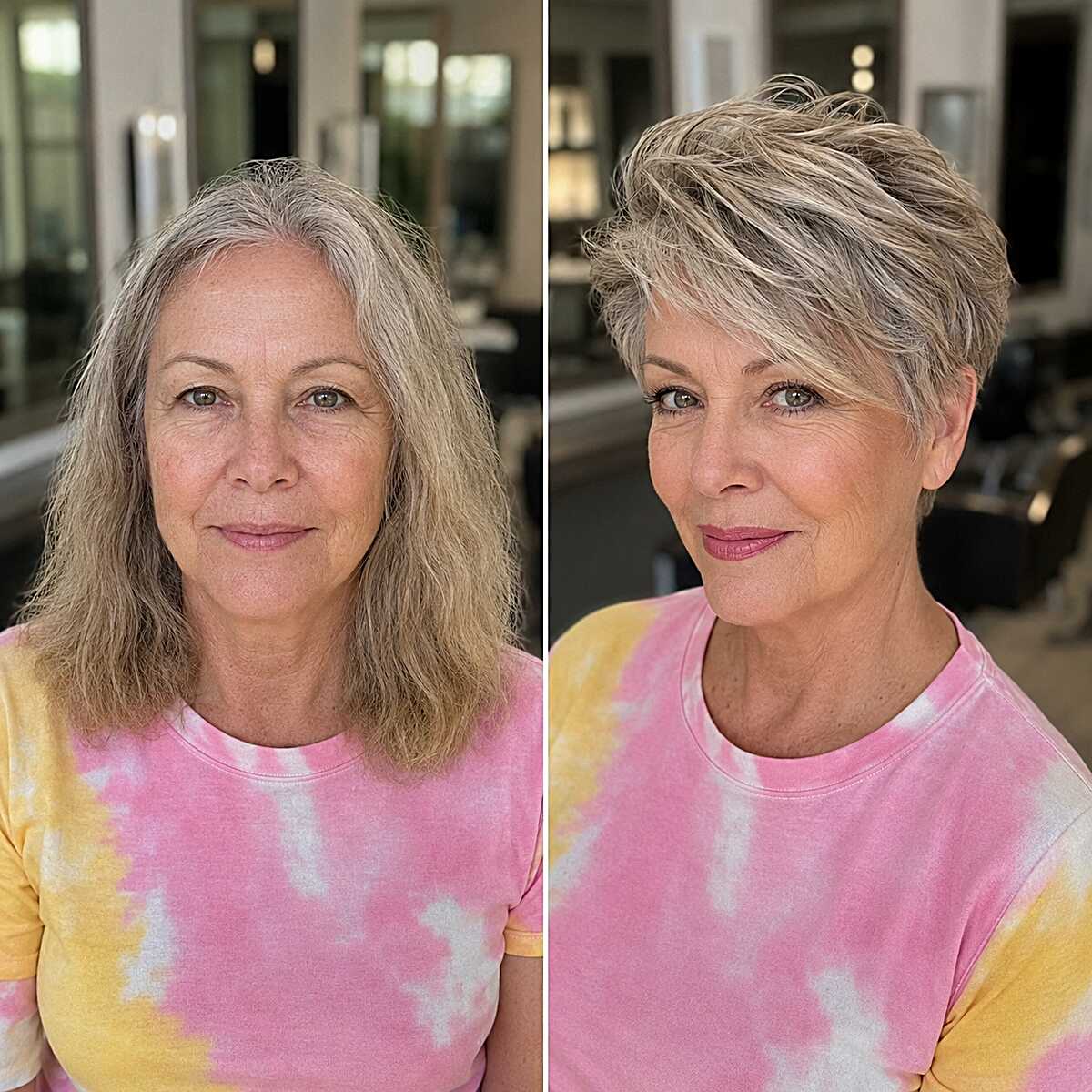 Before and after long to textured pixie transformation