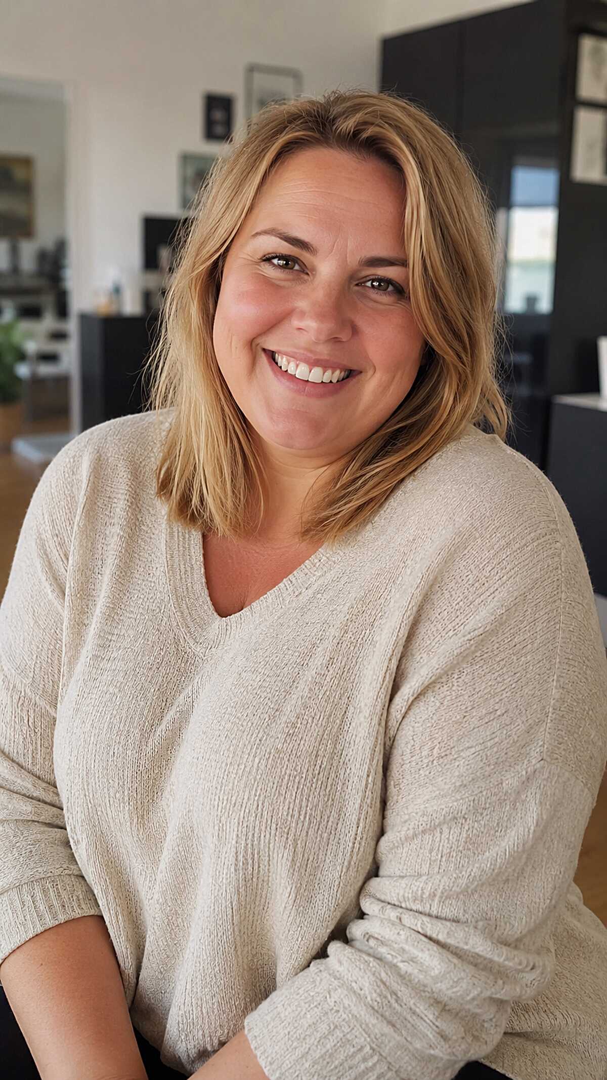 Textured Blonde Lob with Warm Roots and Chin-Grazing Layers