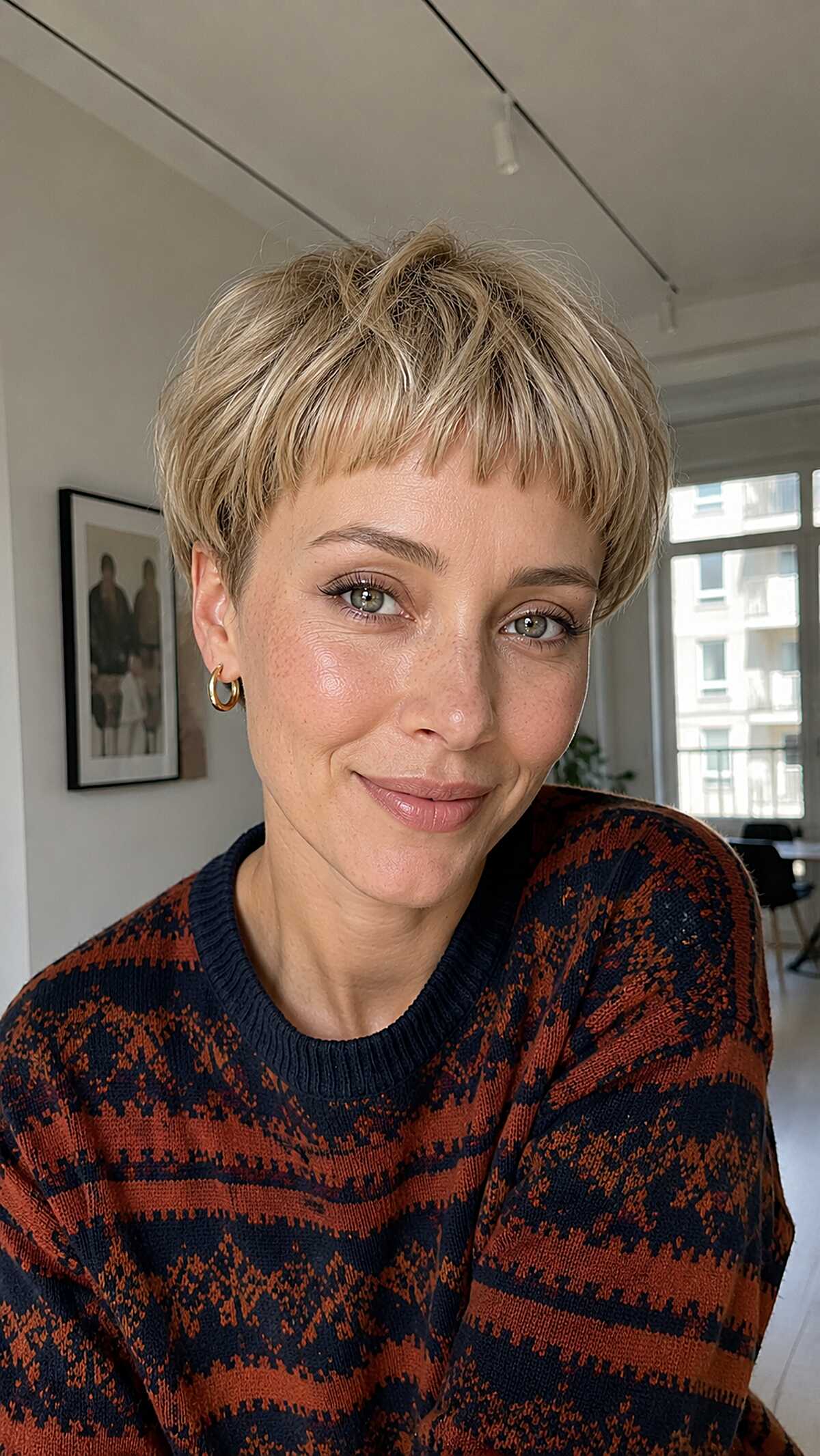 Warm Blonde Textured Pixie with Layered Micro Fringe