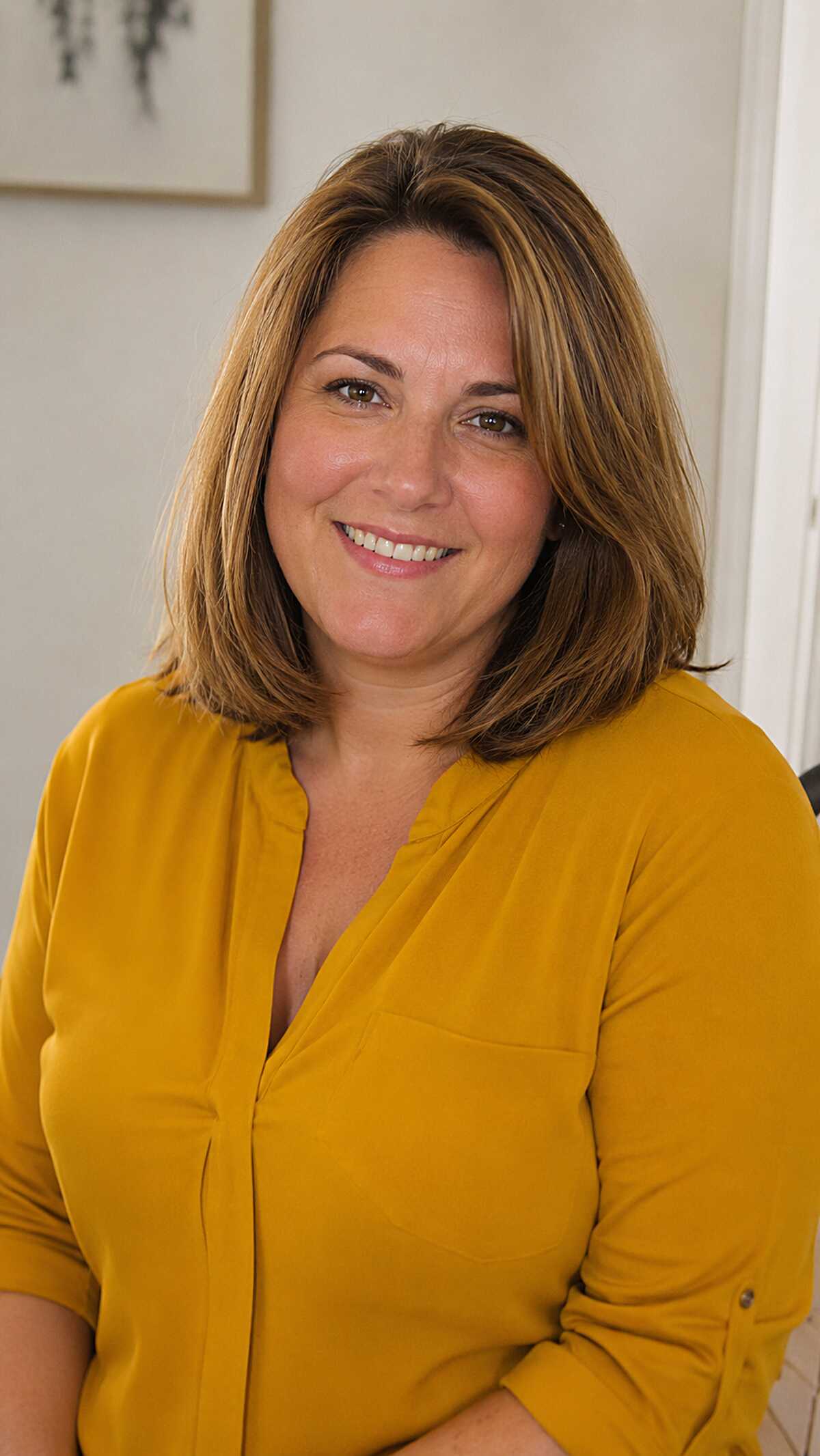 Warm Highlighted Bob with Inward Curl and Medium-Length Layering