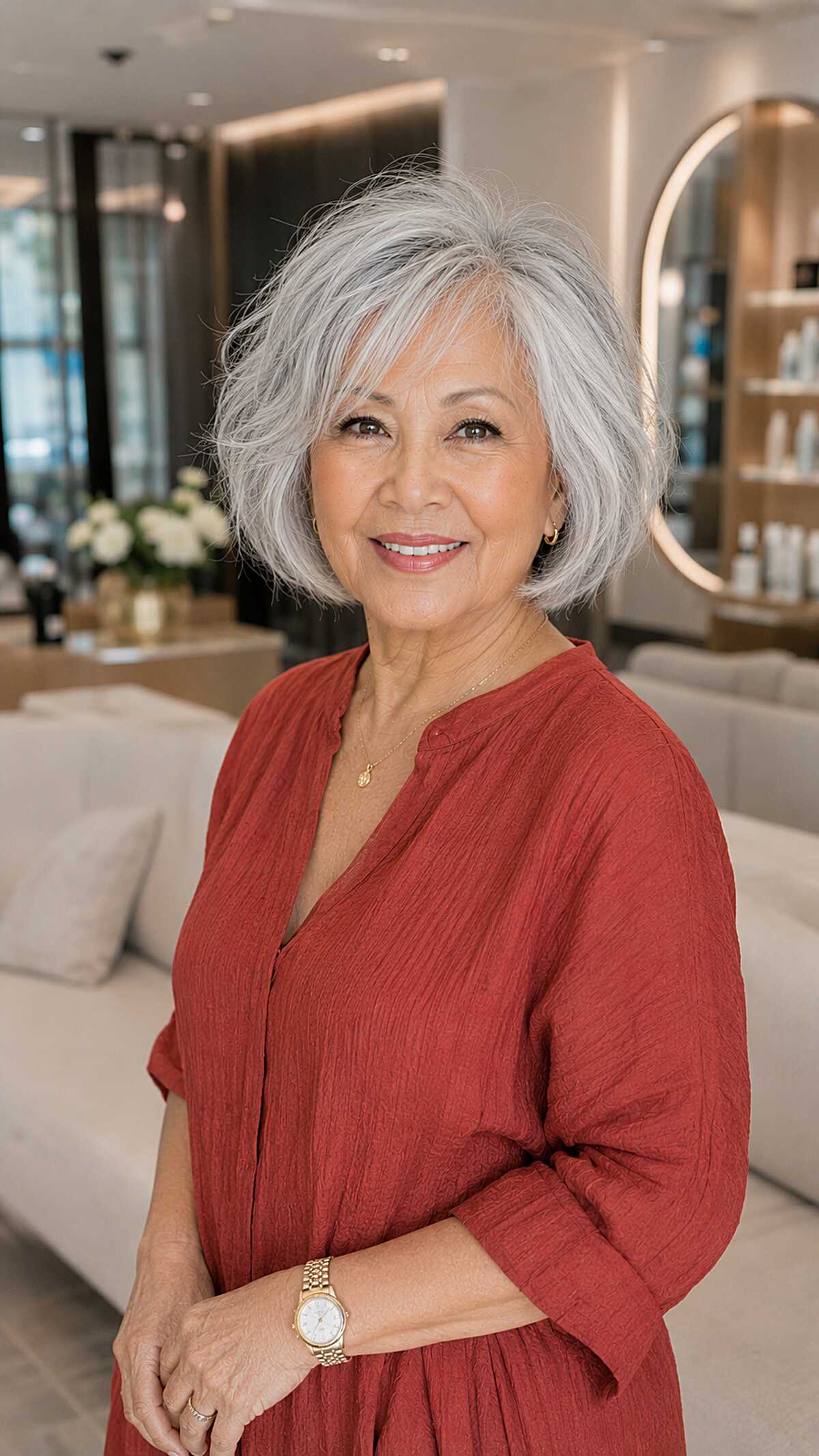 Airy platinum bob with feathered volume and layers