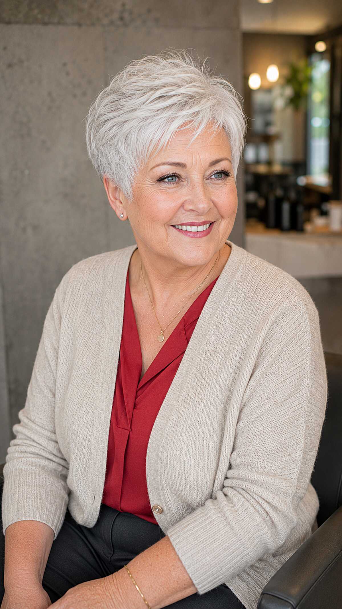Bright white feathered pixie with lifted volume