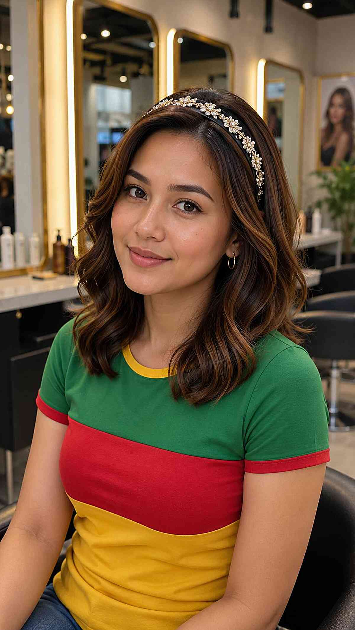 Chic Shoulder-Length Waves with Floral Headband