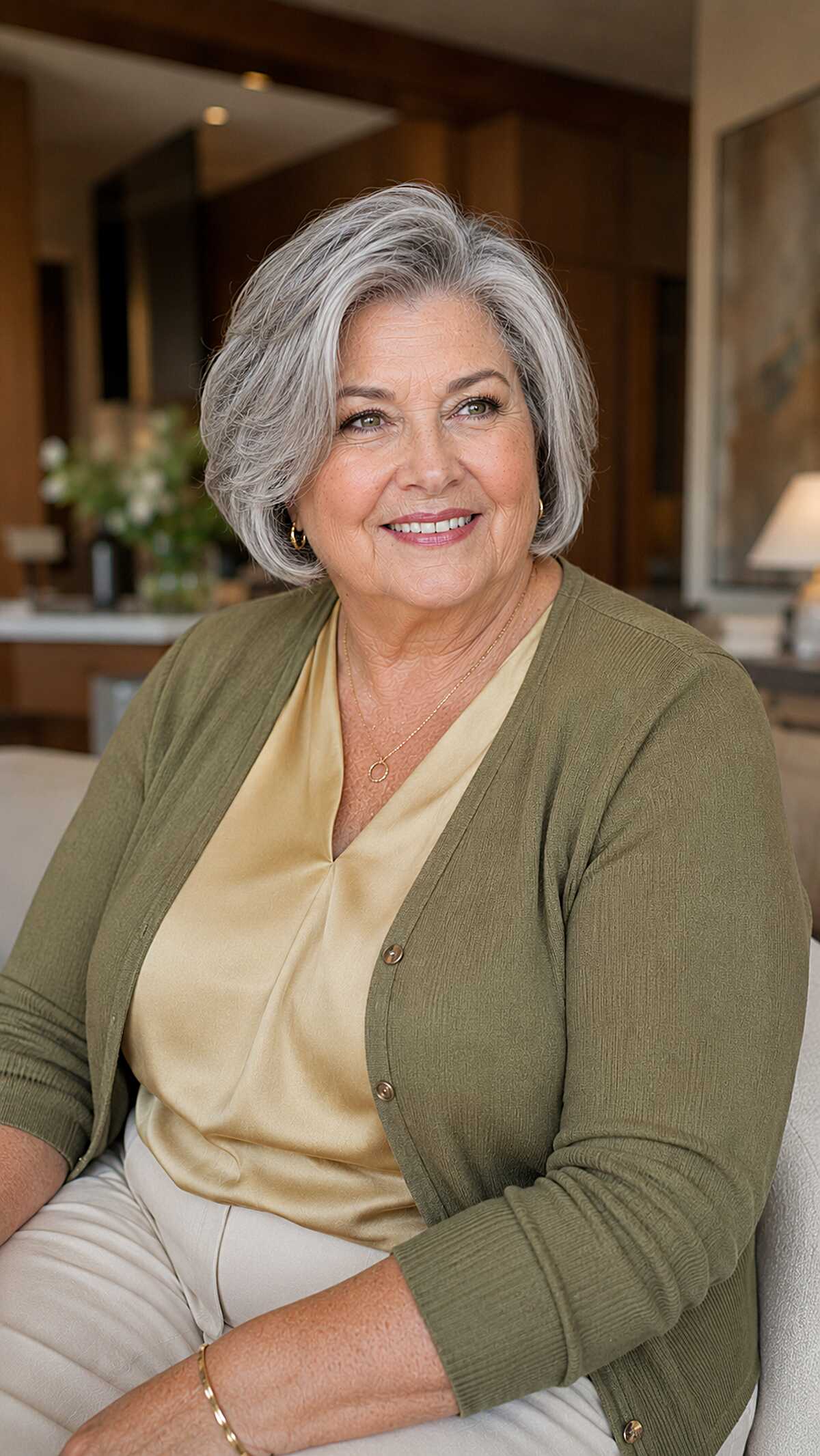 Chin-length silver bob with gentle wave and volume