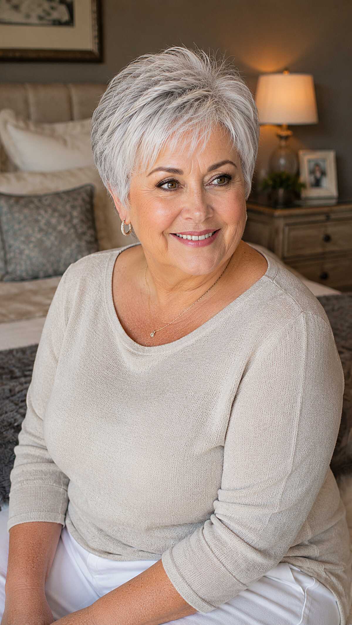 Choppy silver pixie with natural texture and short sides