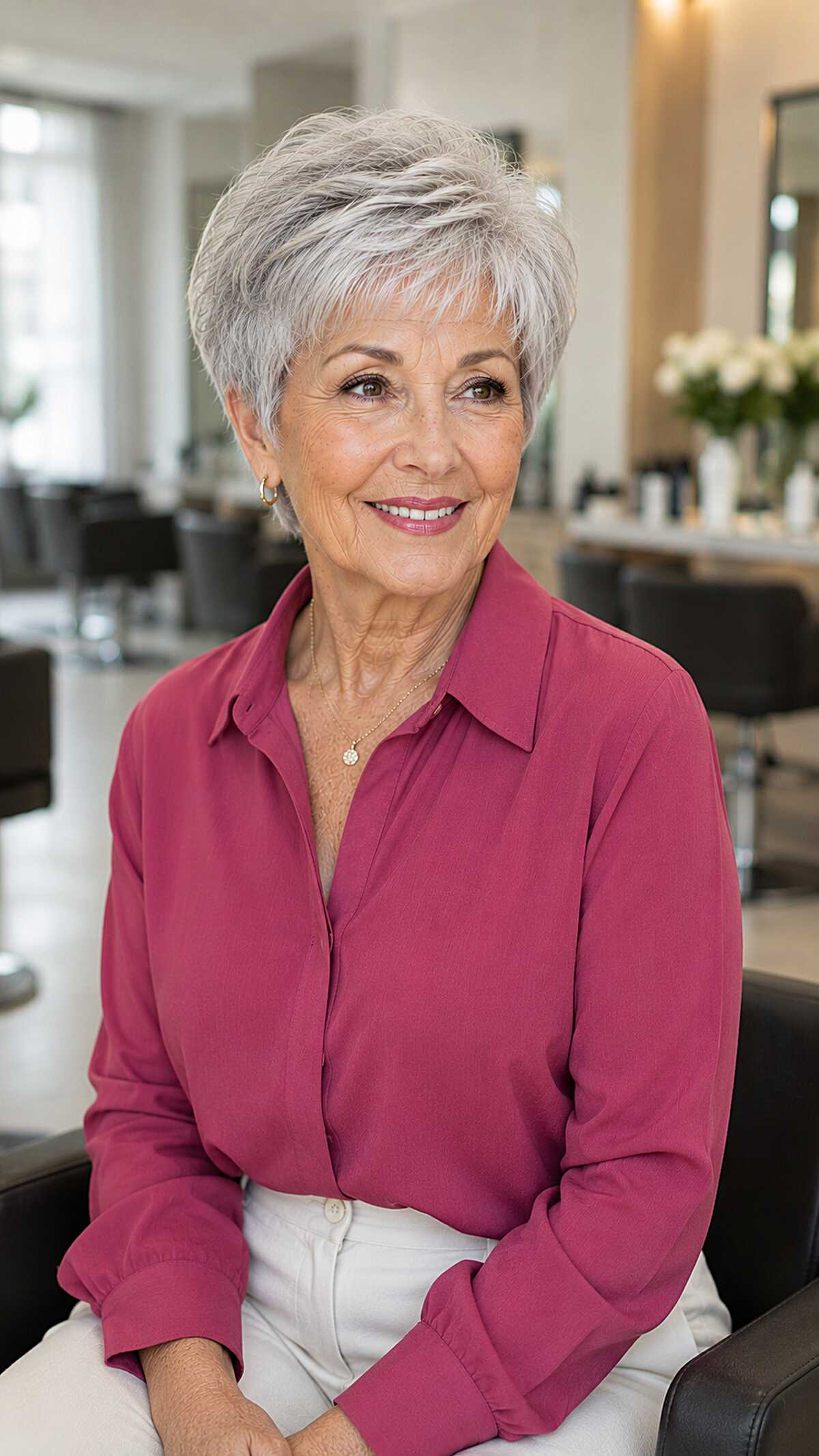 Classic tapered pixie with soft silver and gray blend