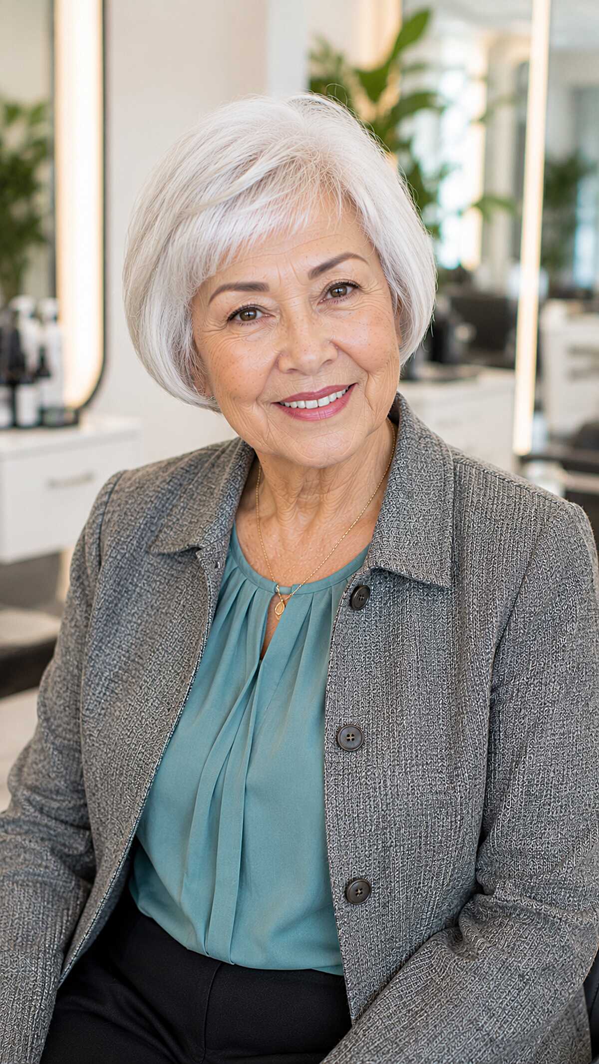 Classic white rounded bob with side-swept bangs