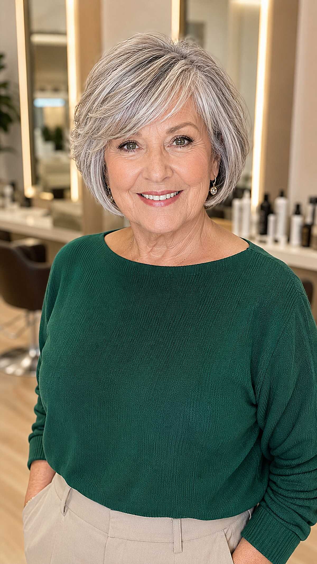 Compact layered bob with silver streaks and wispy bangs