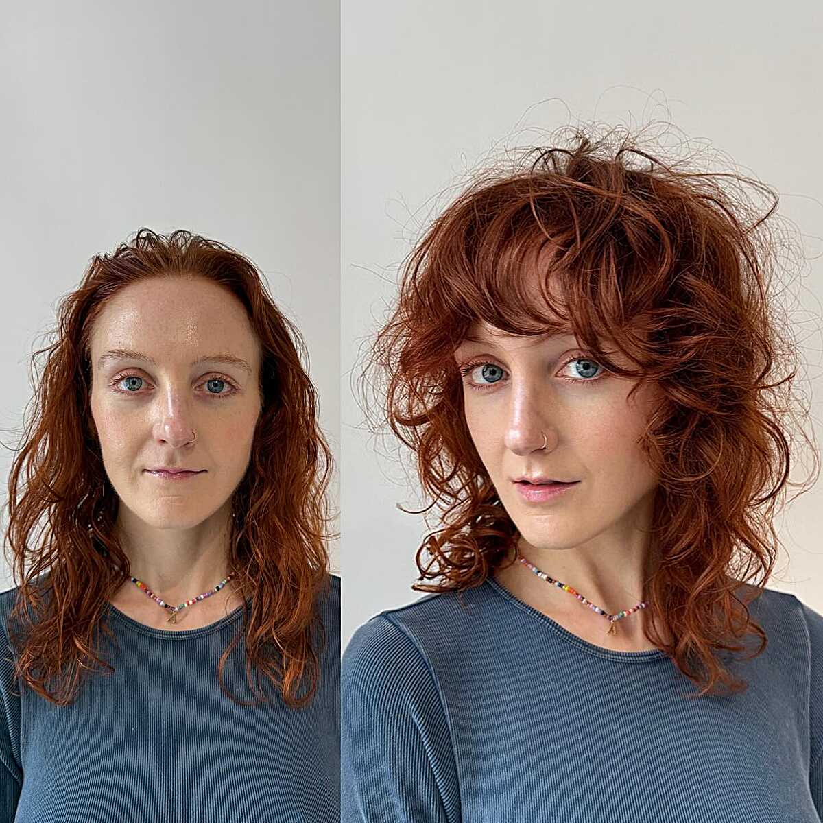 Before and after curly copper shag with bangs