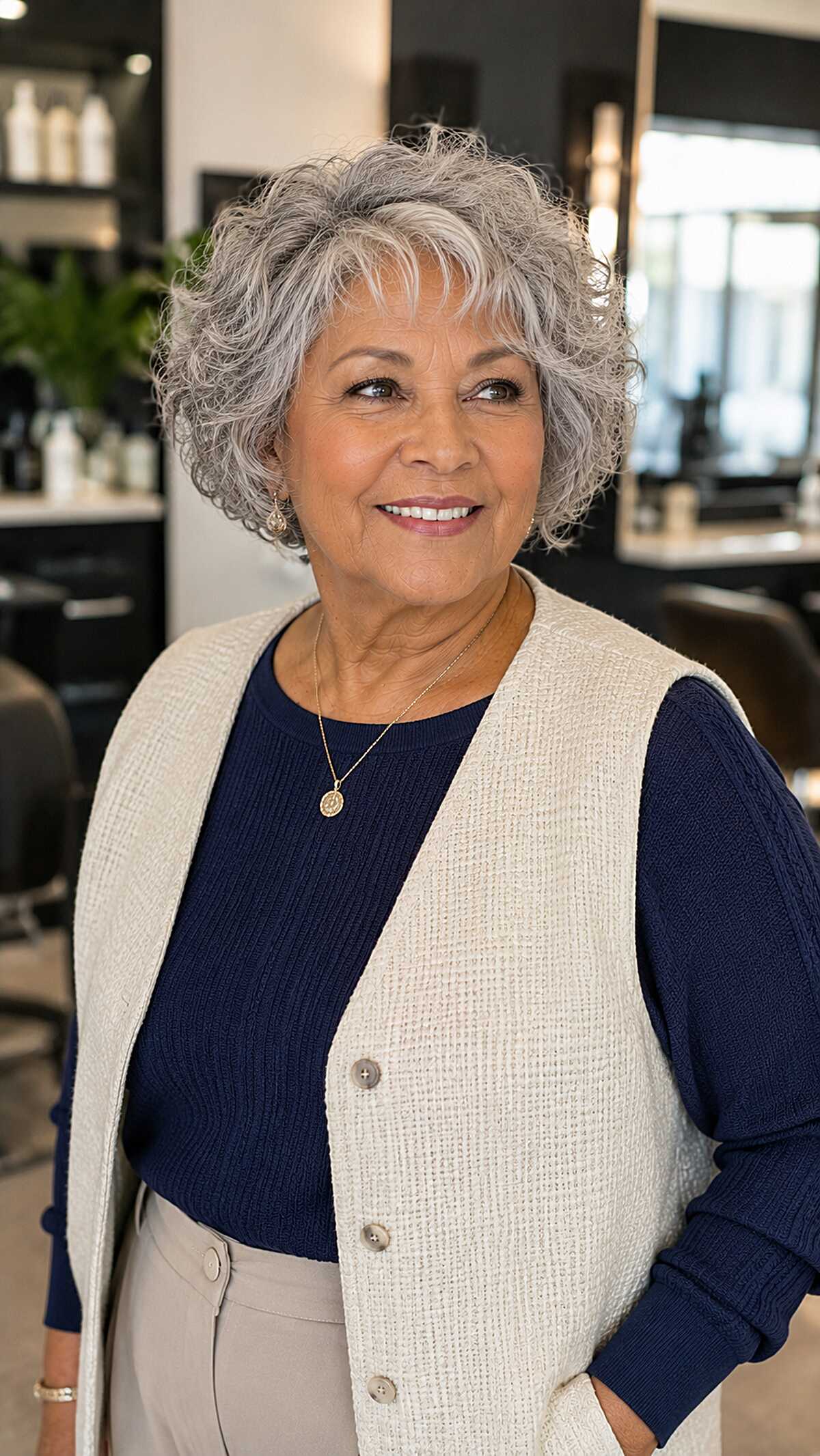 Short curly silver bob with loose ringlets