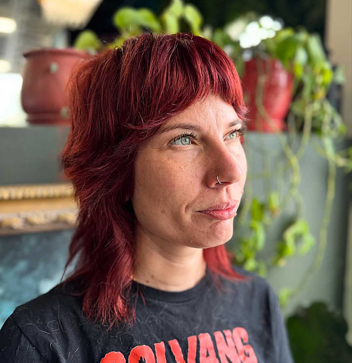 Red crimson feathered shag with heavy choppy layers