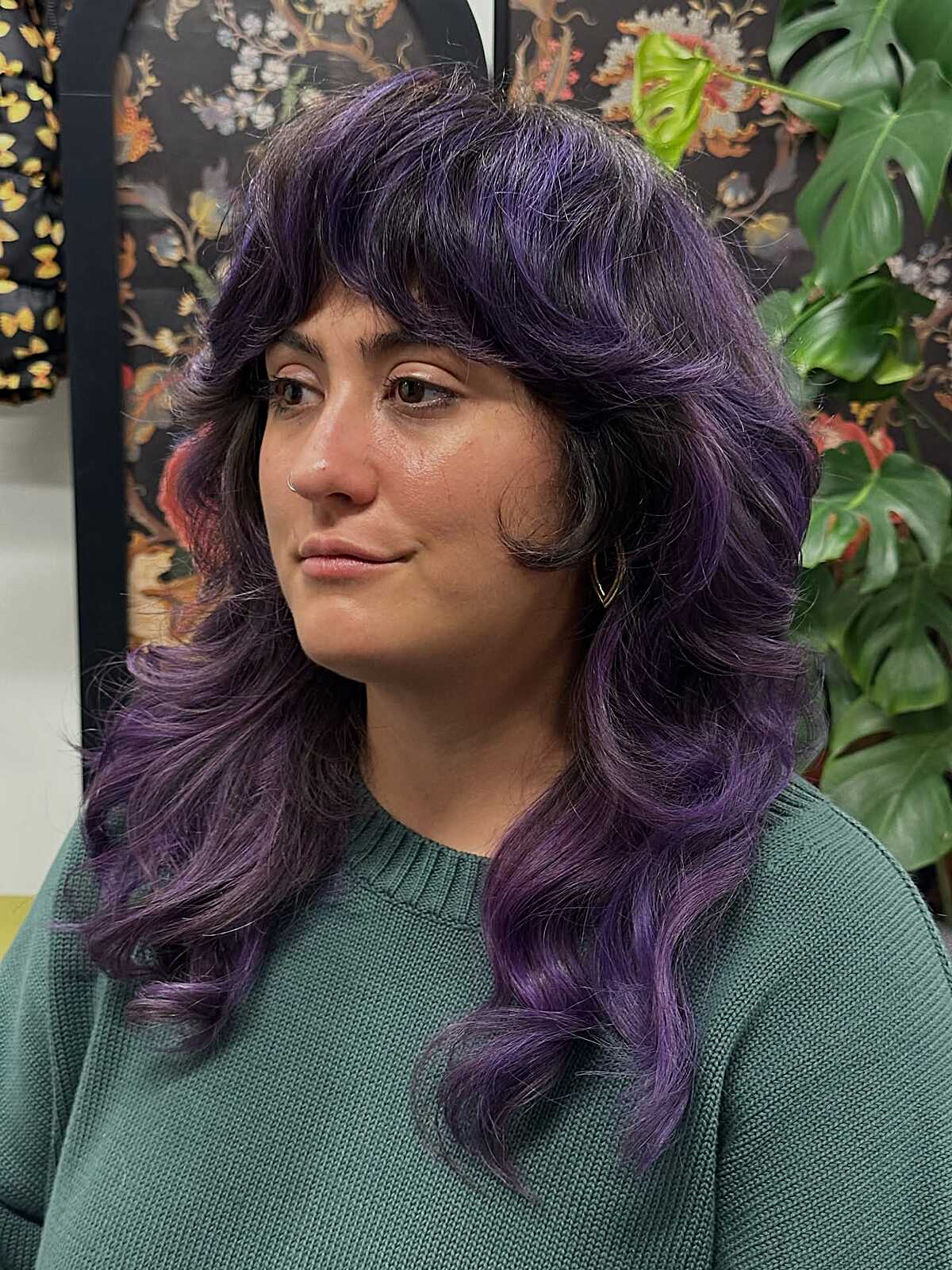 Long purple feathered shag with thick curly bangs