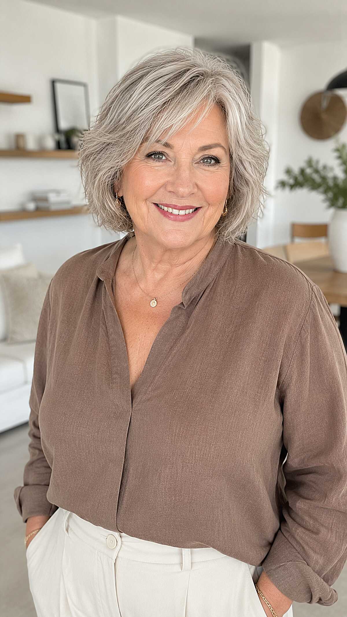 Feathered silver bob with textured fringe and layers