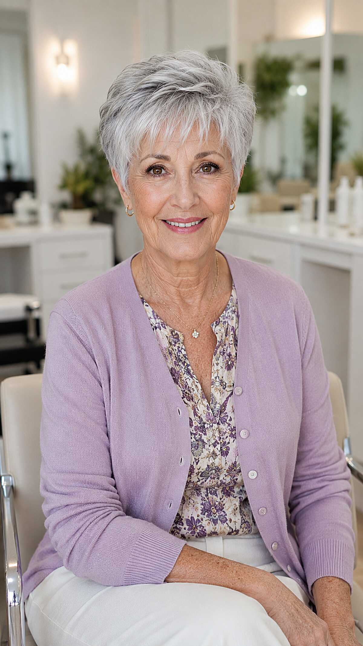Feathered silver crop with wispy layers and soft finish