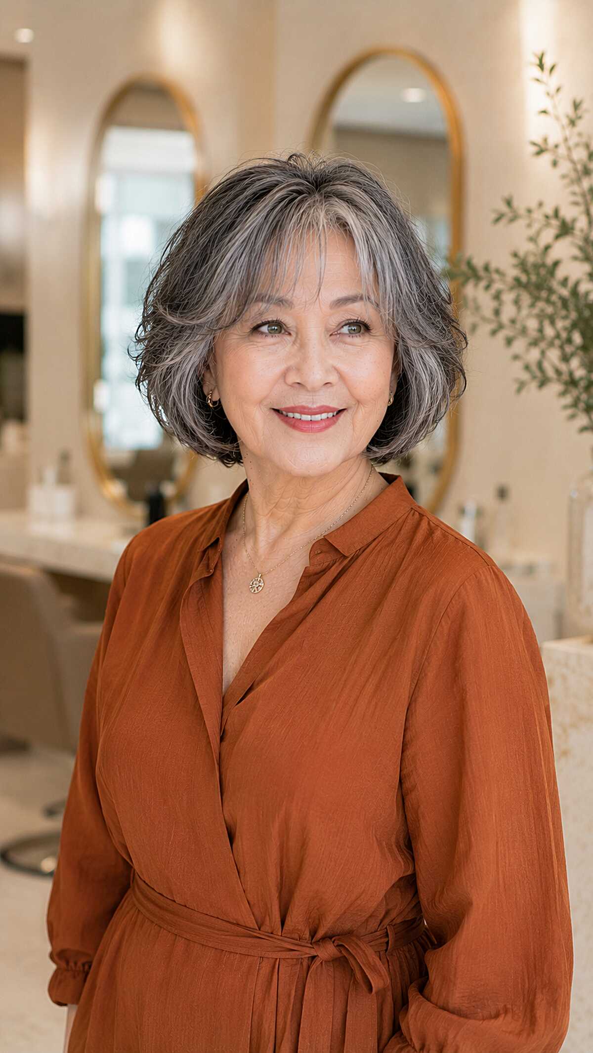 Flipped layered bob with dark roots and silver ends