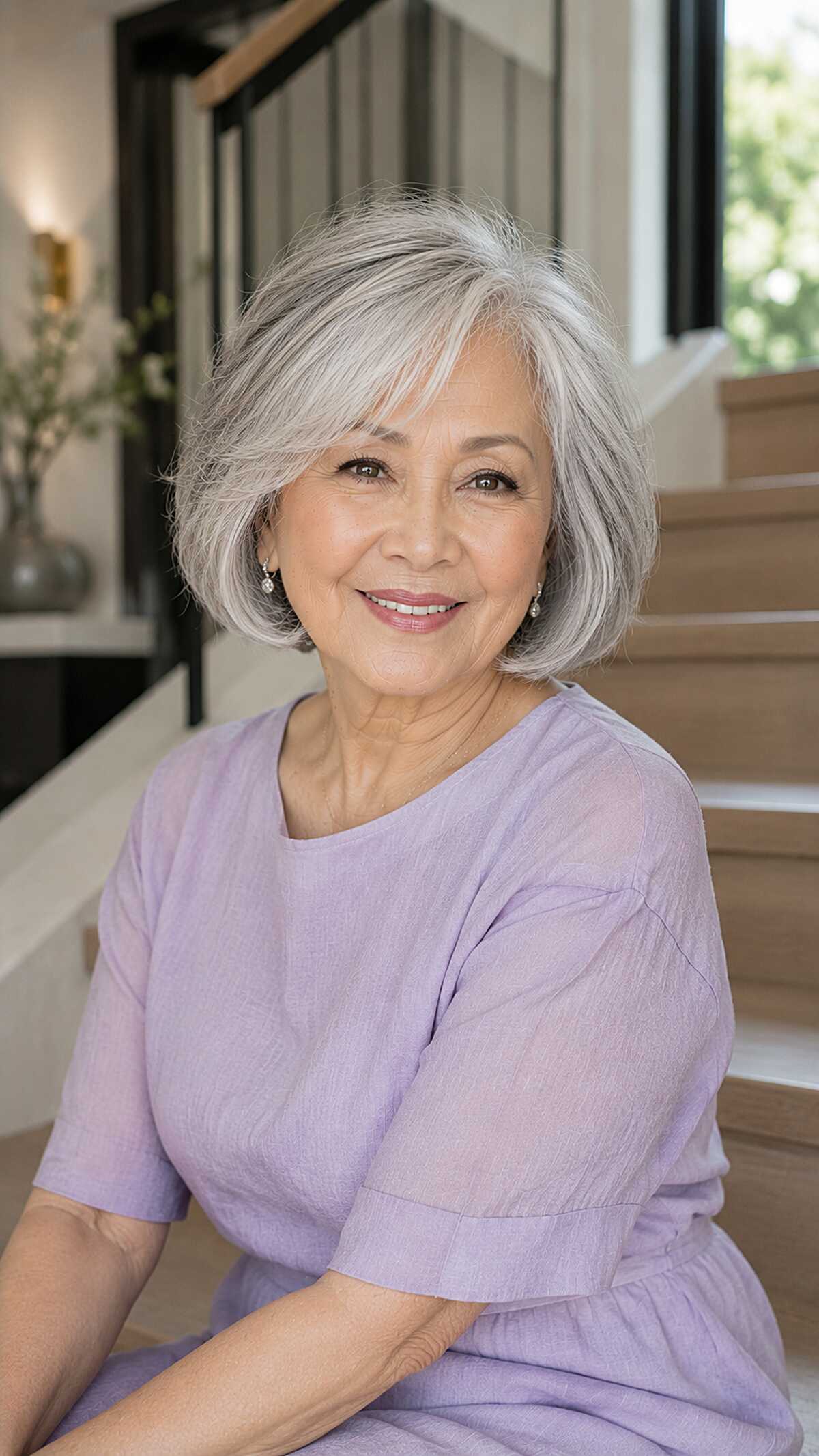 Graceful silver bob with soft curtain layers