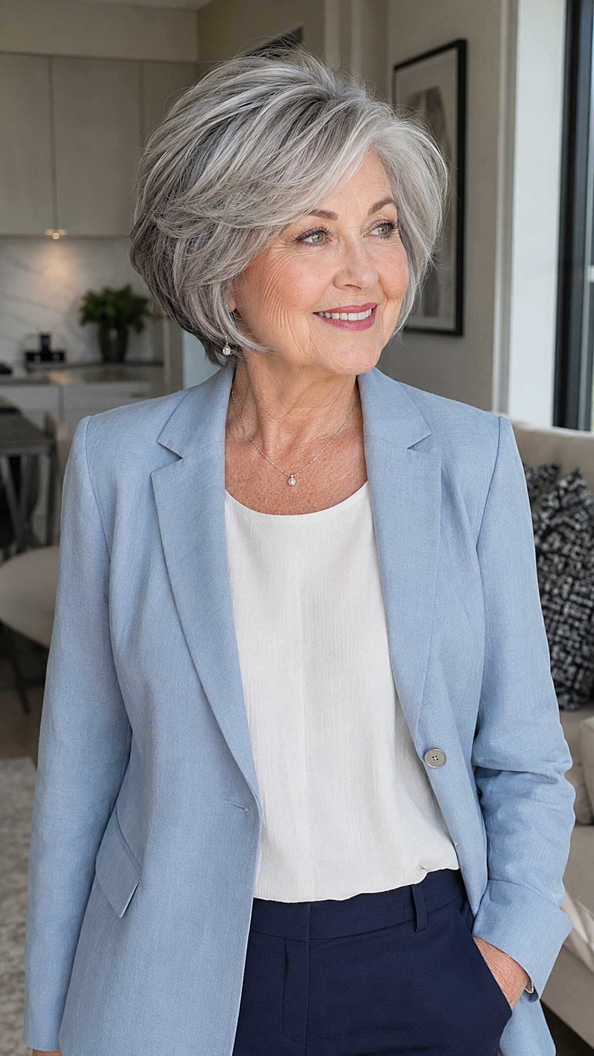 Layered silver bob with sweeping side part and volume