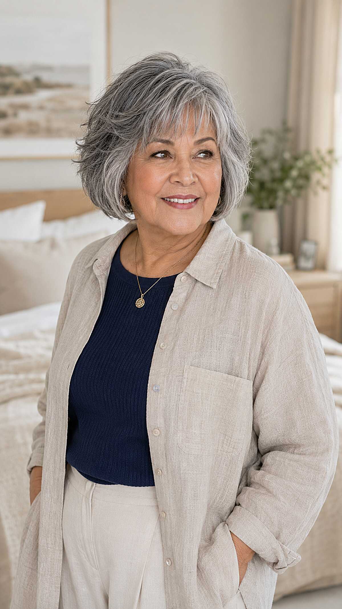 Lived-in layered bob with salt-and-steel gray tones