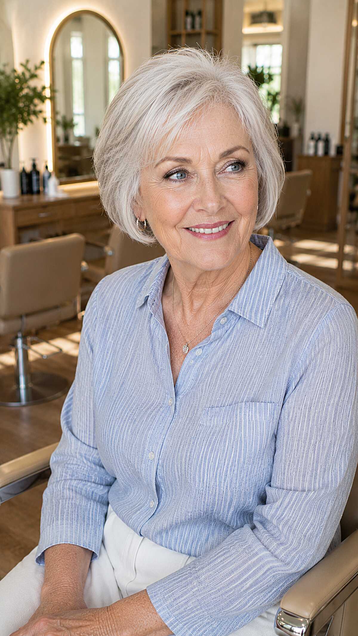 Platinum bob with deep side part and ear tuck