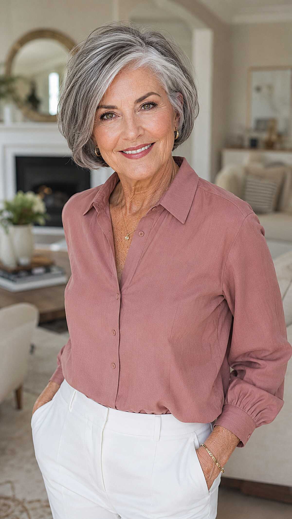 Polished chin-length bob with silver and dark streaks