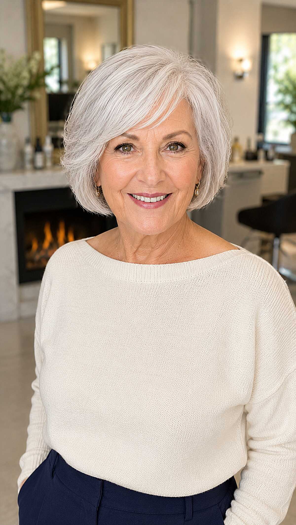 Polished chin-length silver bob with soft volume