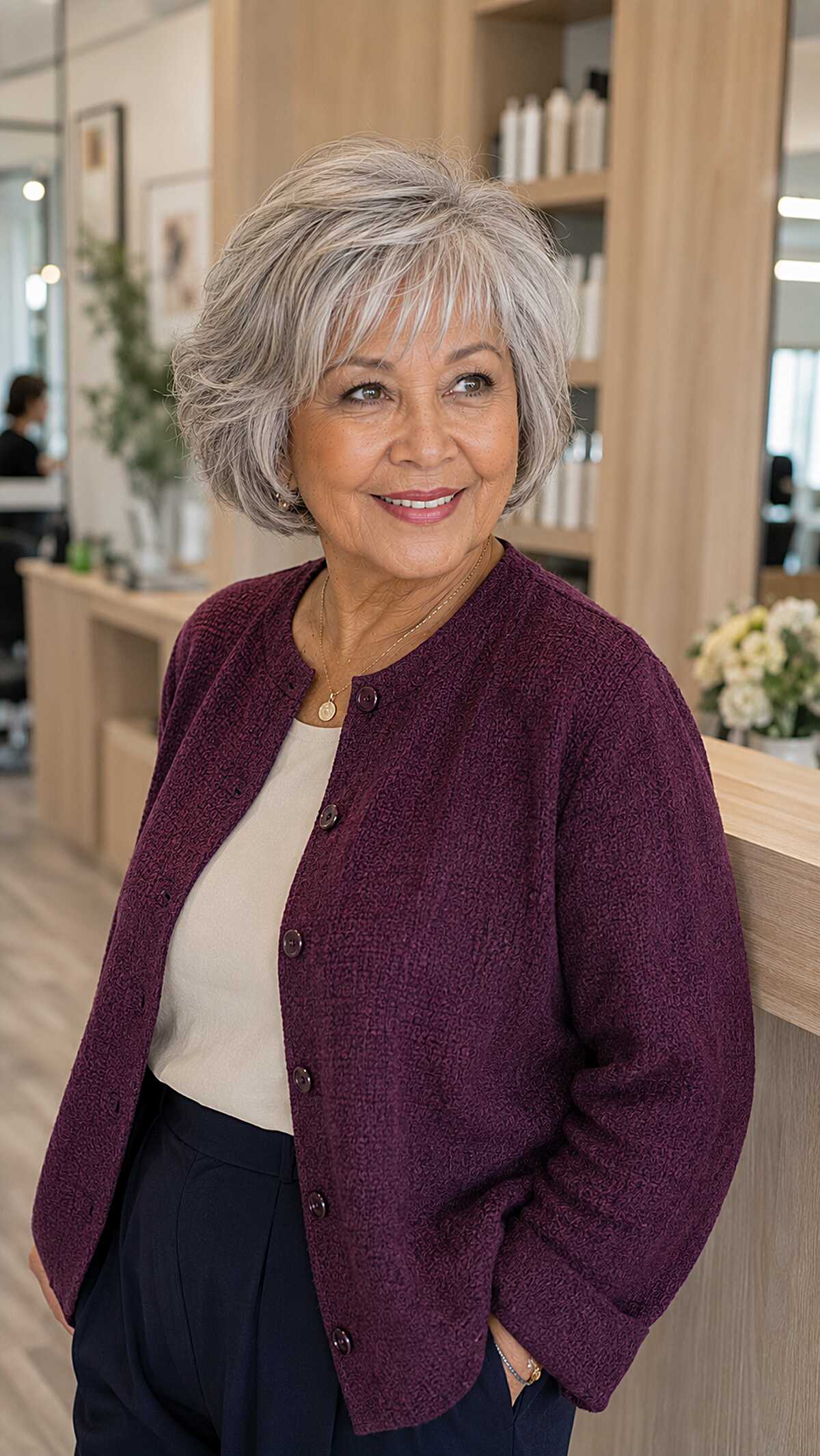 Rounded silver bob with curtain bangs in a salon