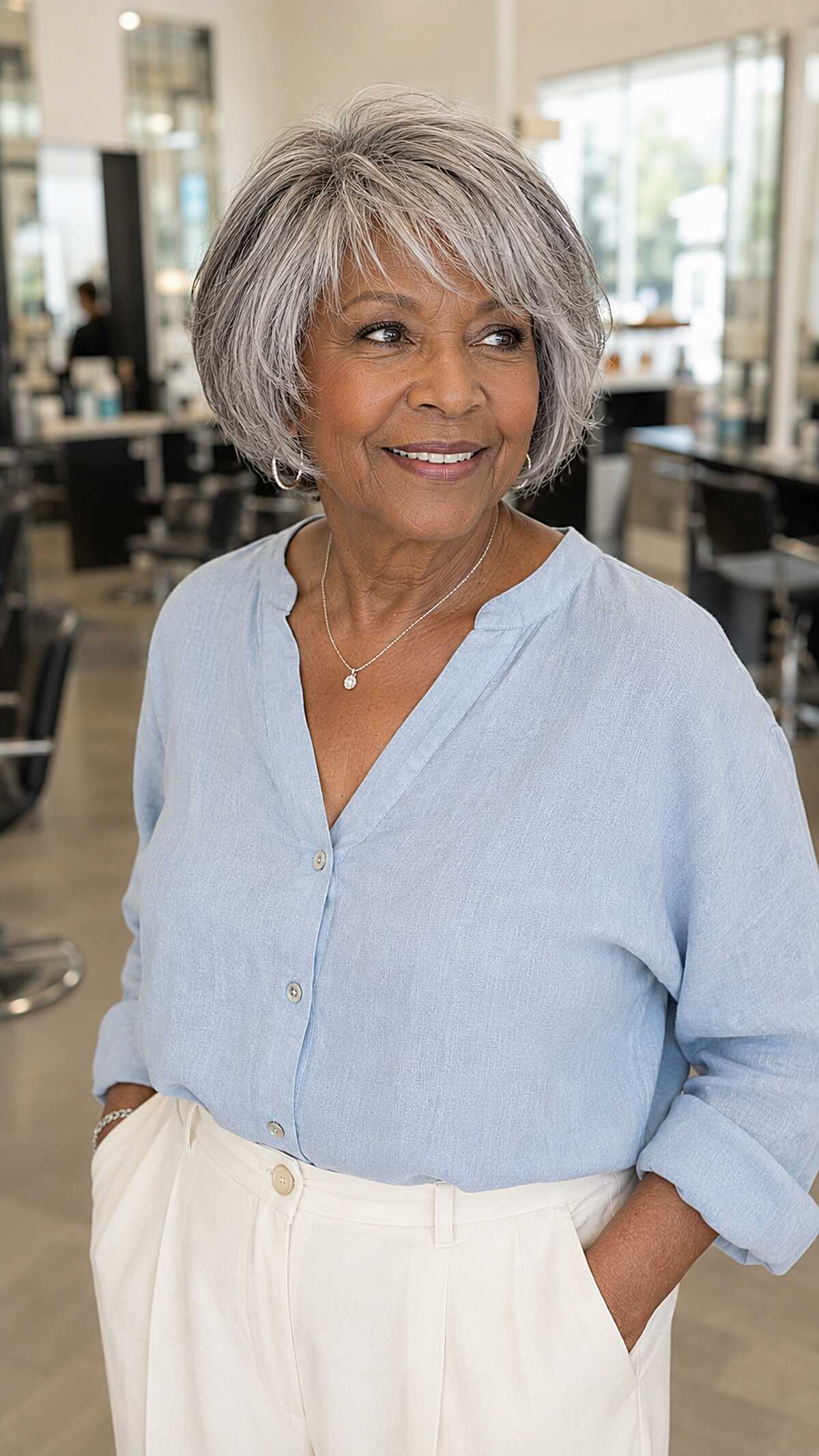 Salt-and-pepper layered bob with feathered fringe
