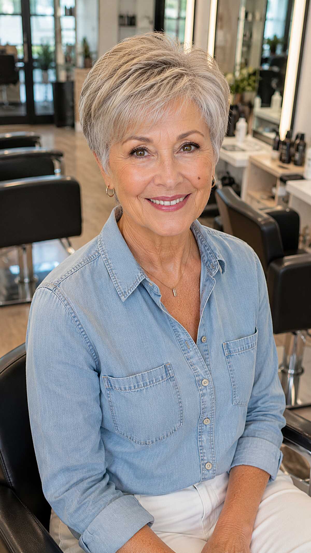 Side-swept pixie with warm blonde and silver undertones