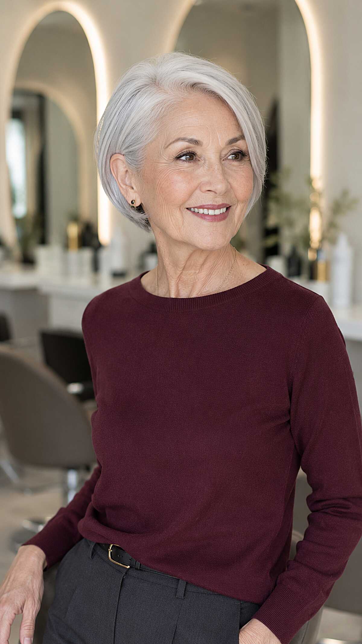 Sleek white chin-length bob with tucked sides