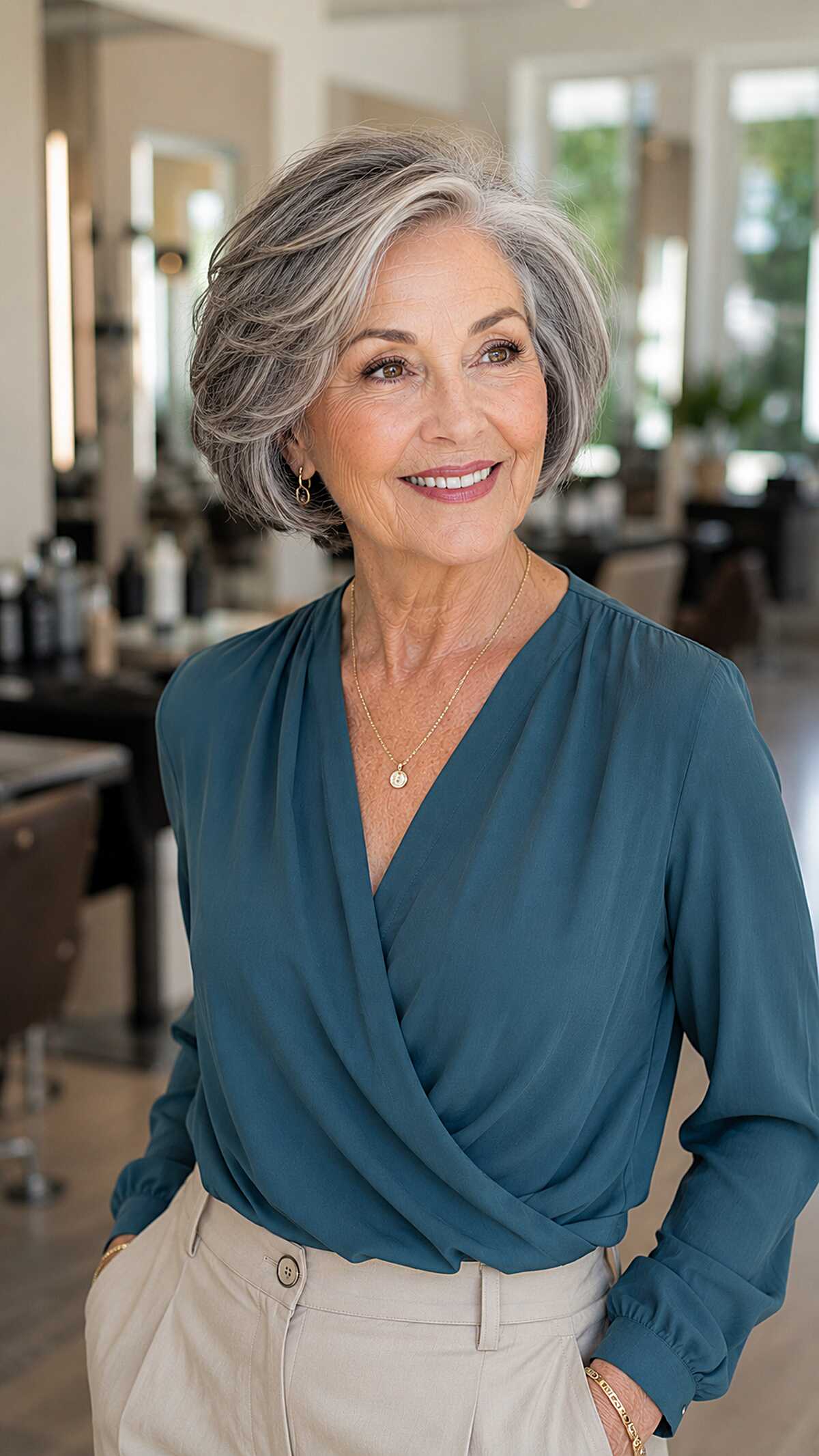 Soft layered bob in silver with face-framing movement
