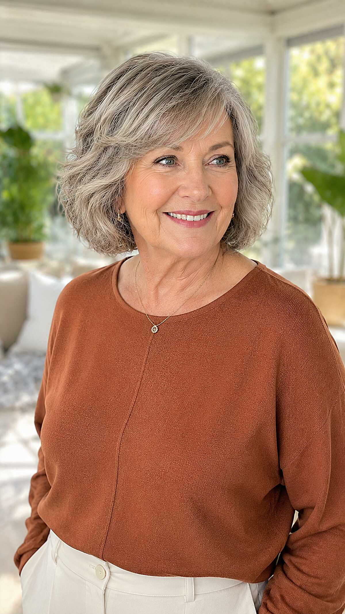 Soft wavy chin-length bob with side-swept bangs