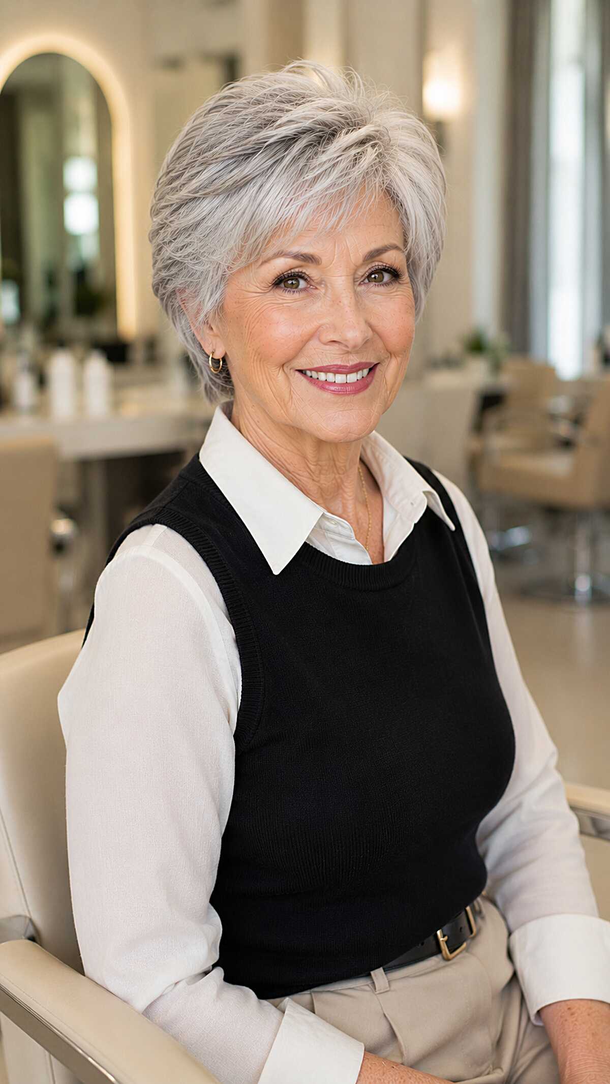 Swept-back layered pixie with silver and gray highlights