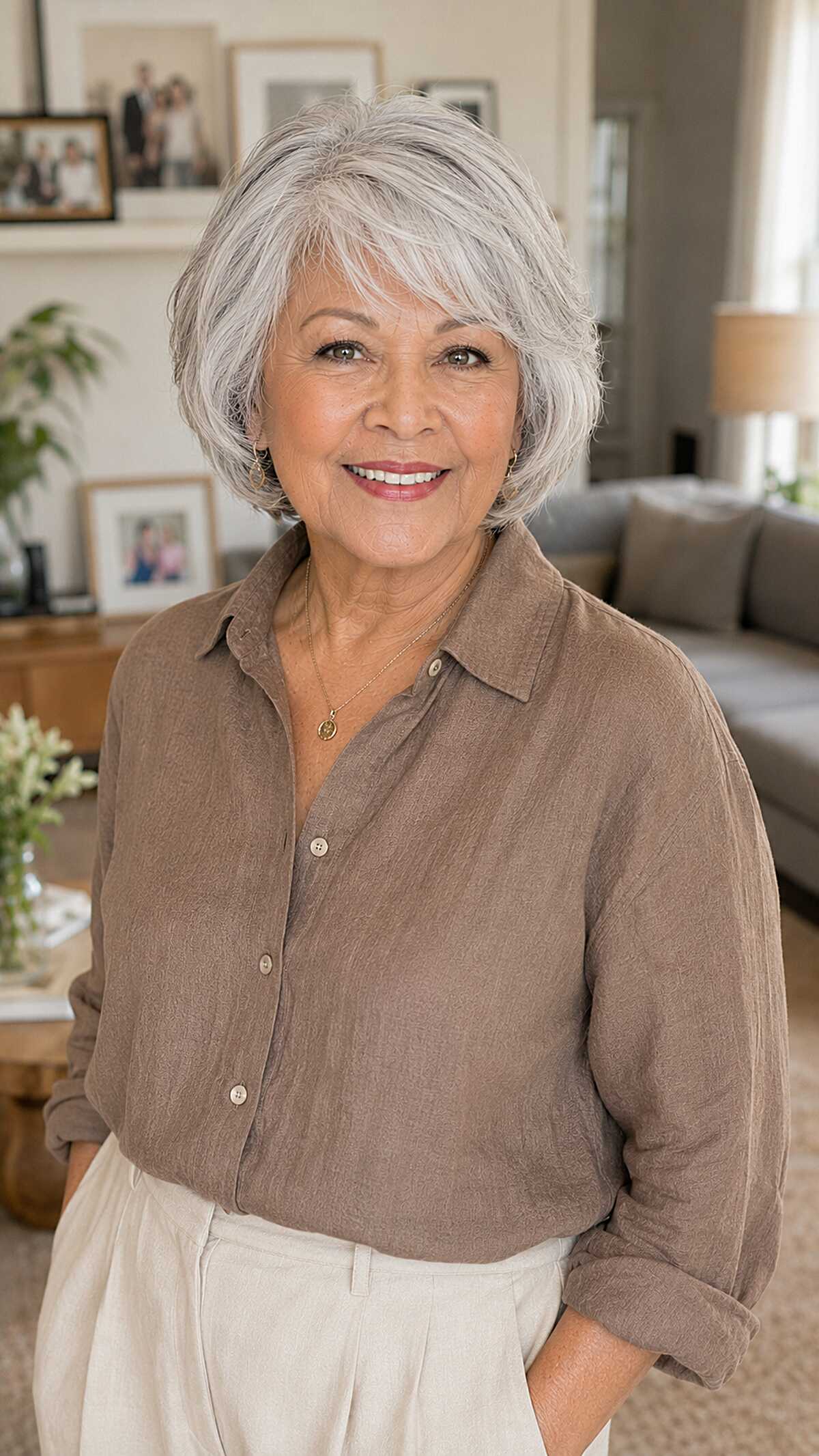 Swooping side-swept silver bob with layered crown