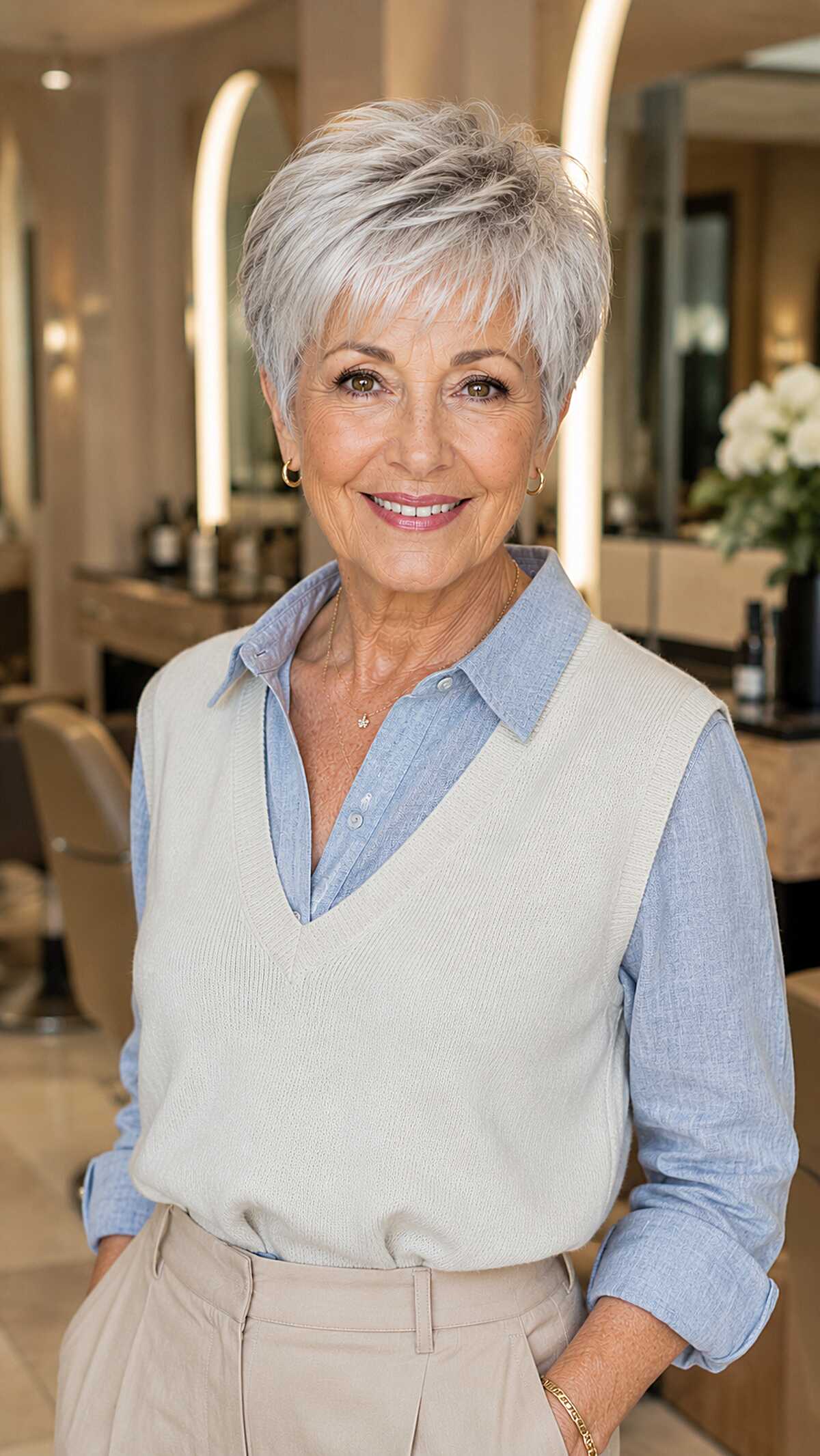 Textured silver pixie with forward-swept fringe