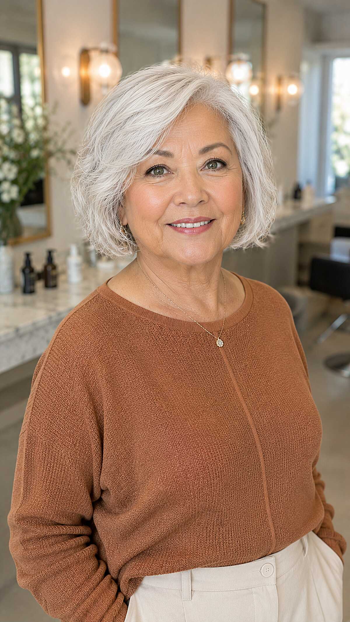 Textured silver-white bob with natural wave and volume