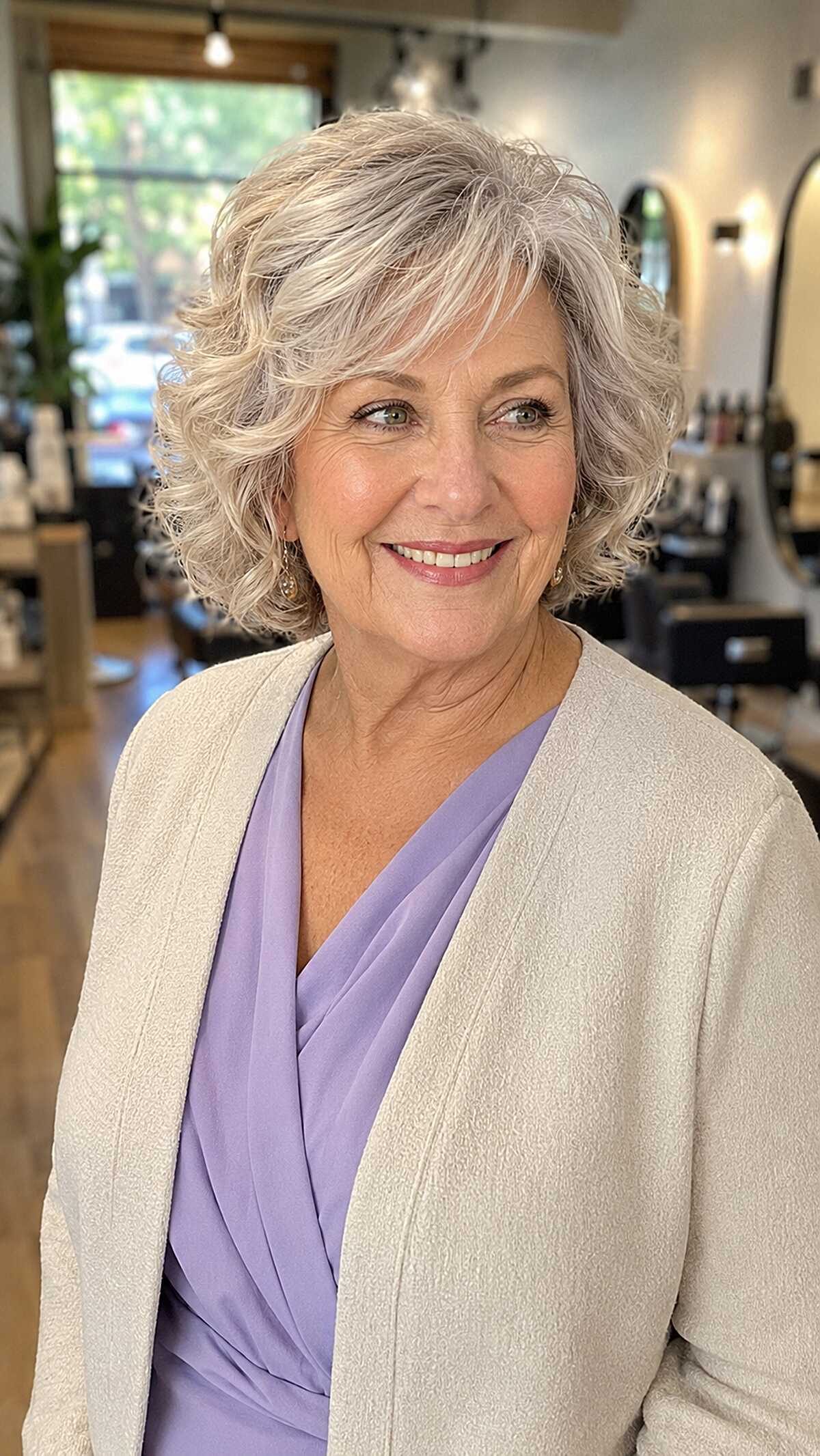 Tousled curly bob with platinum highlights and bangs