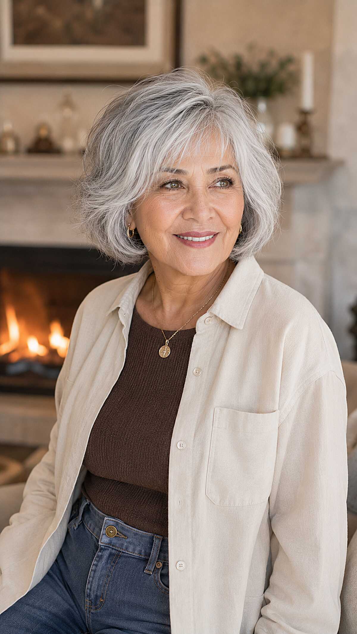 Tousled gray bob with long swooping fringe