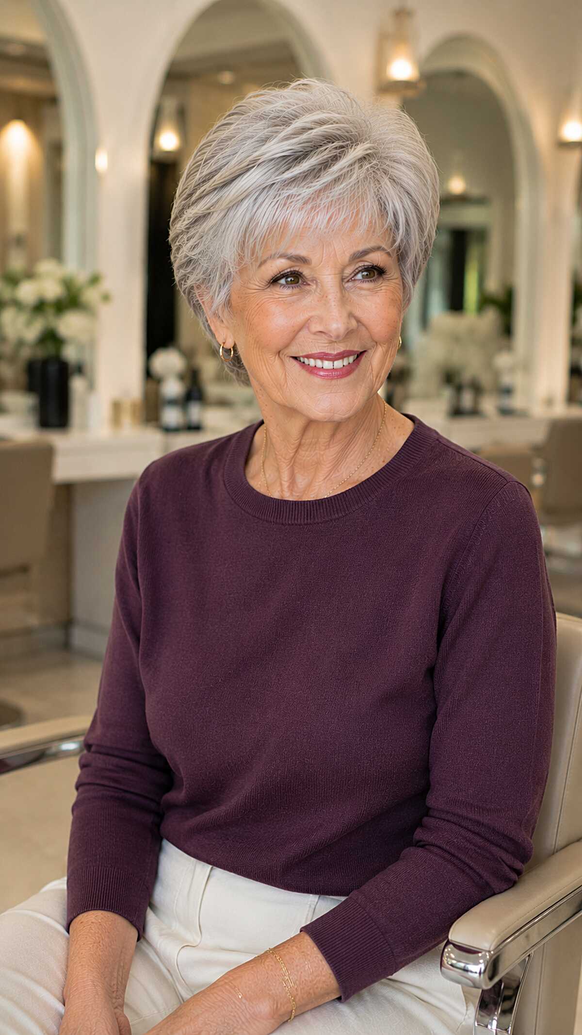 Voluminous silver pixie with side-swept crown layers