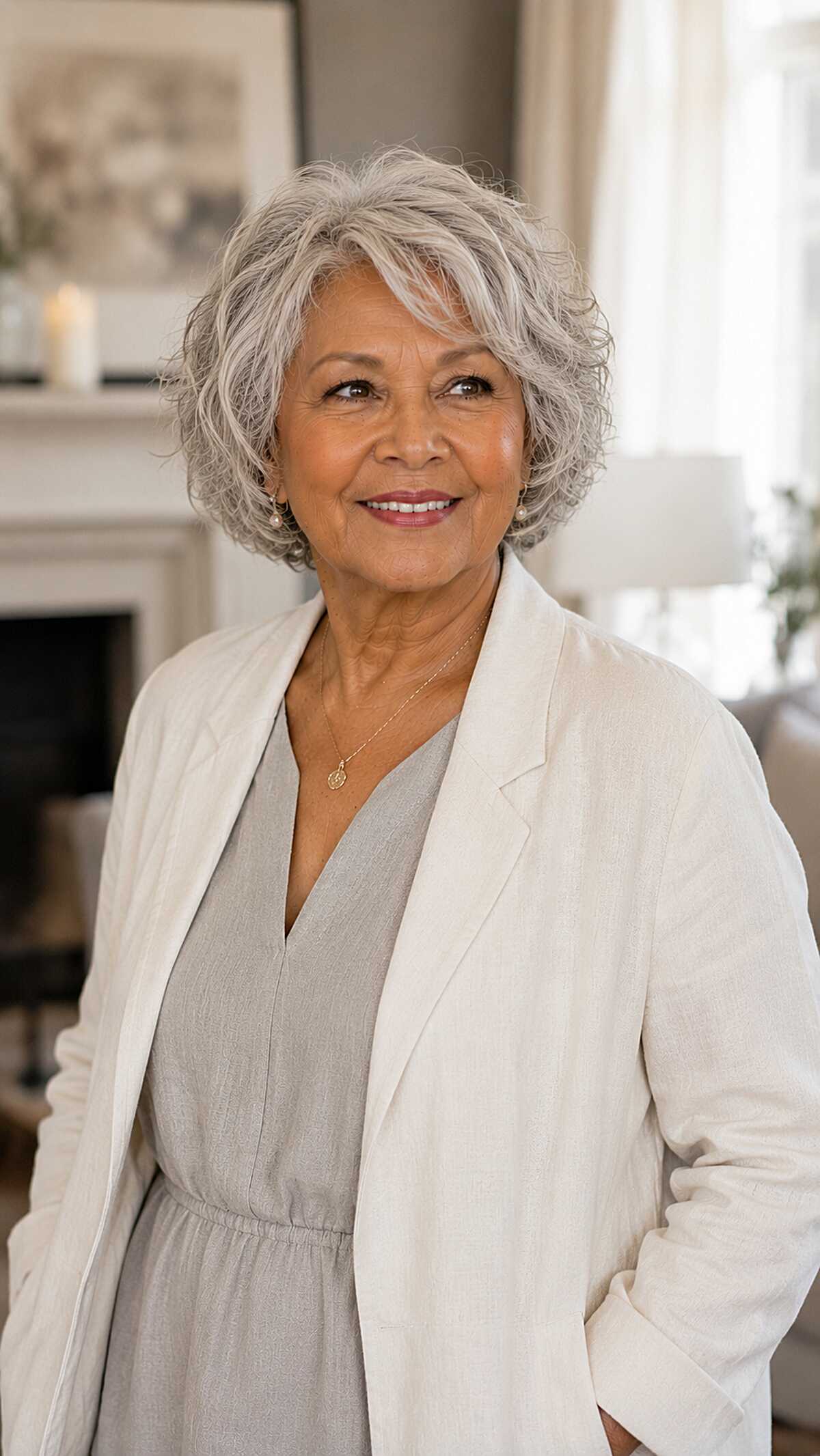 Wavy silver bob with romantic curl pattern