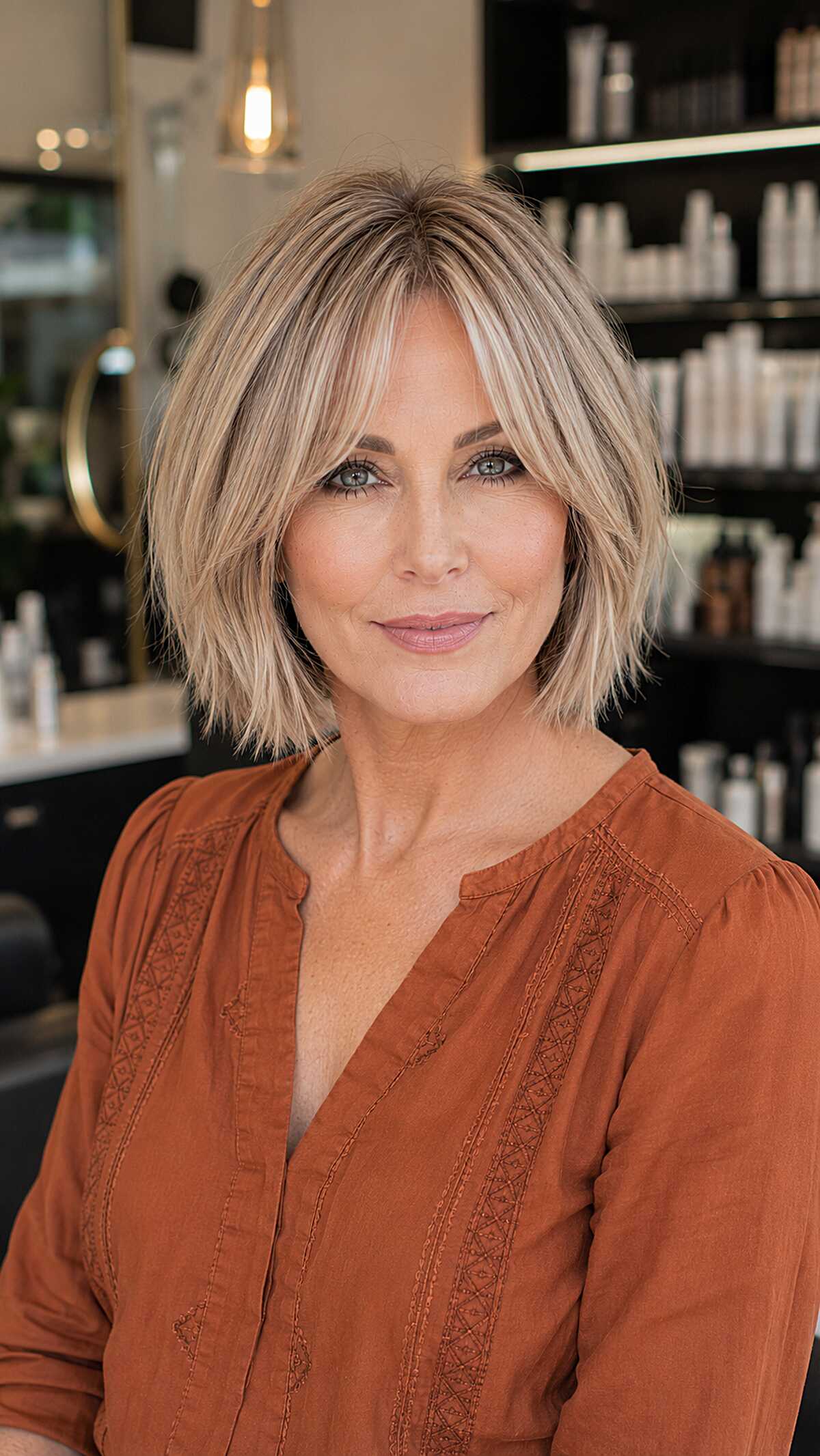 Ash blonde choppy bob with piecey curtain bangs