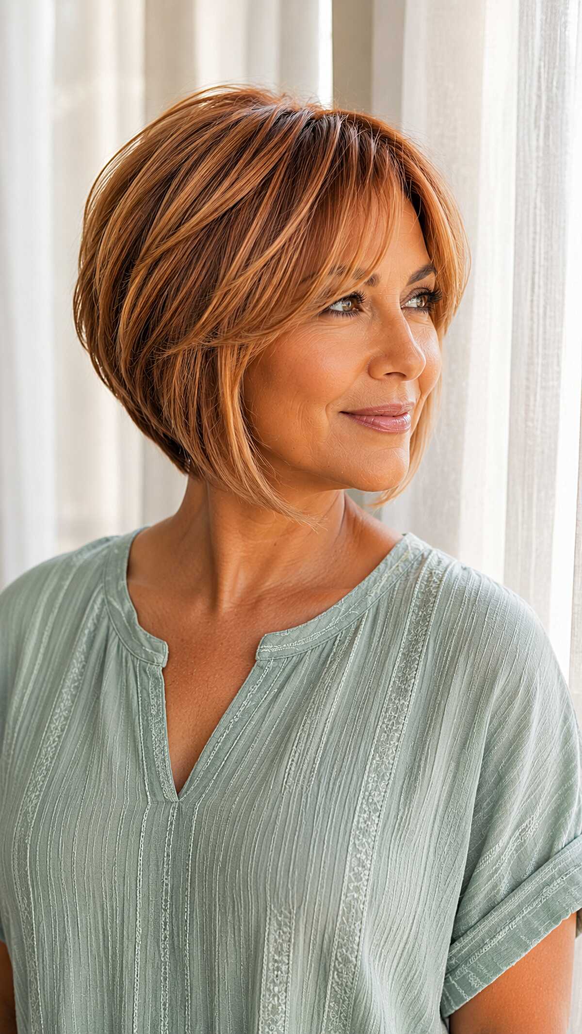 Auburn copper stacked bob with side-swept bangs