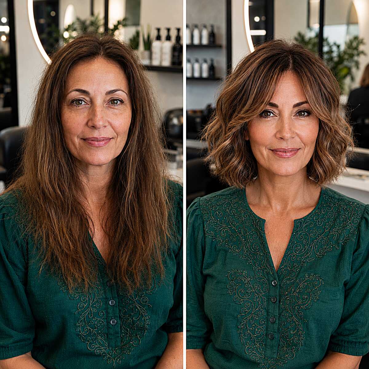 Before and after long hair to wavy curtain bang bob