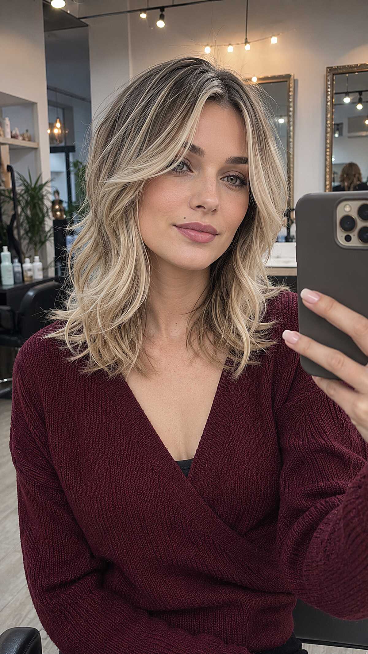Champagne blonde wavy midi cut with deep side part