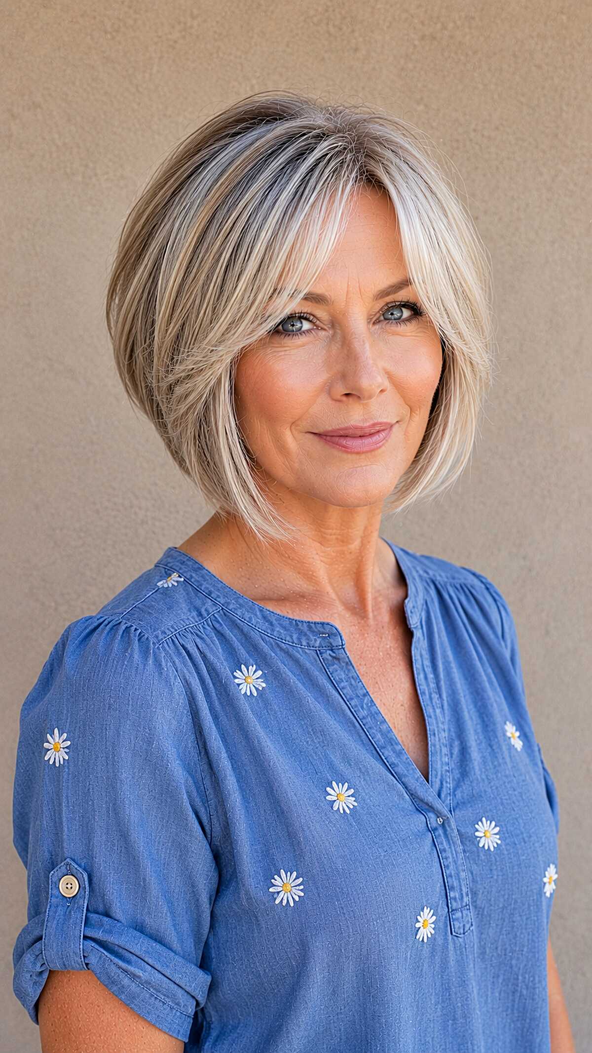 Champagne blonde straight bob with side-part bangs