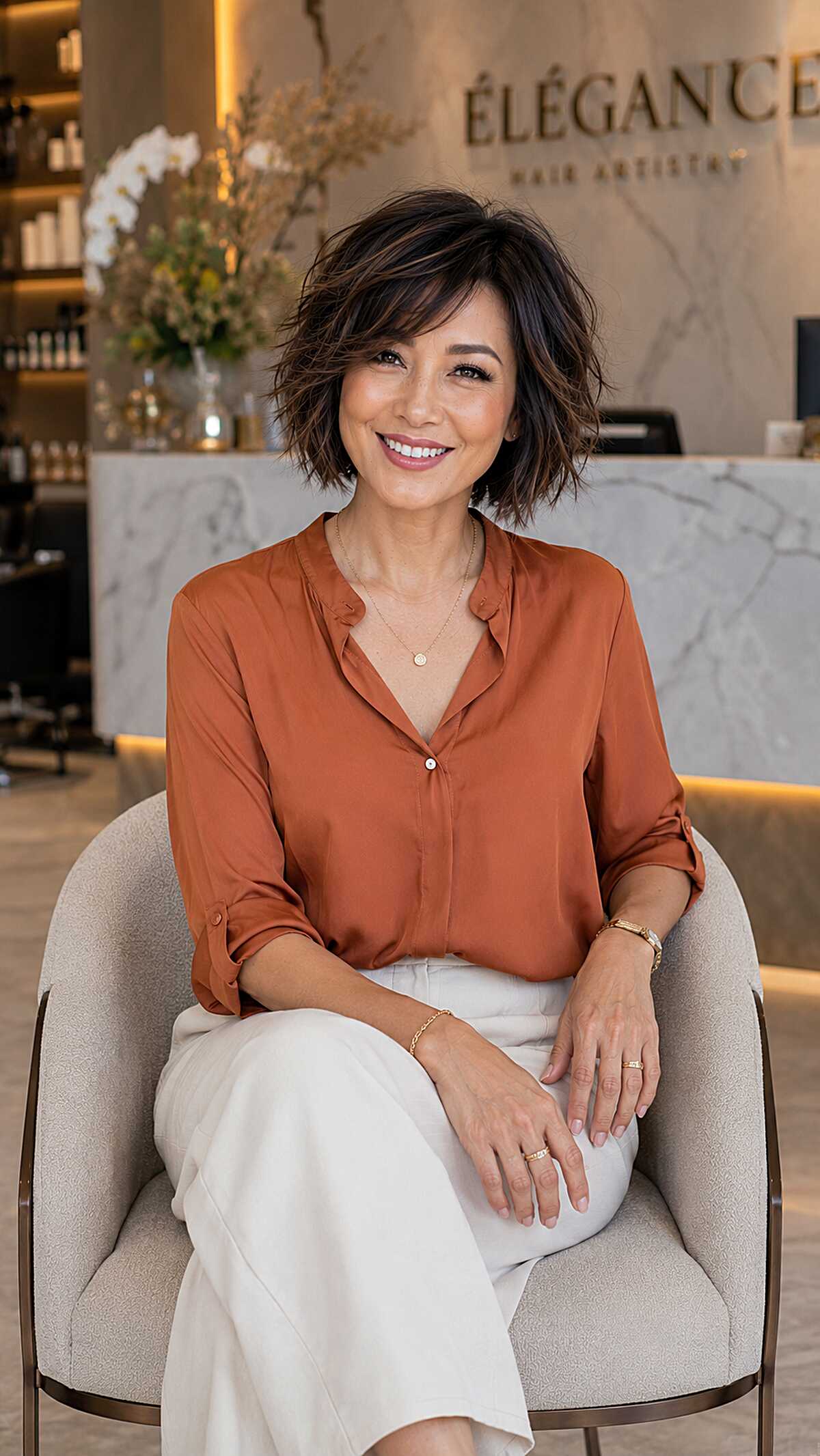 Choppy brunette bob with subtle caramel ribbon highlights