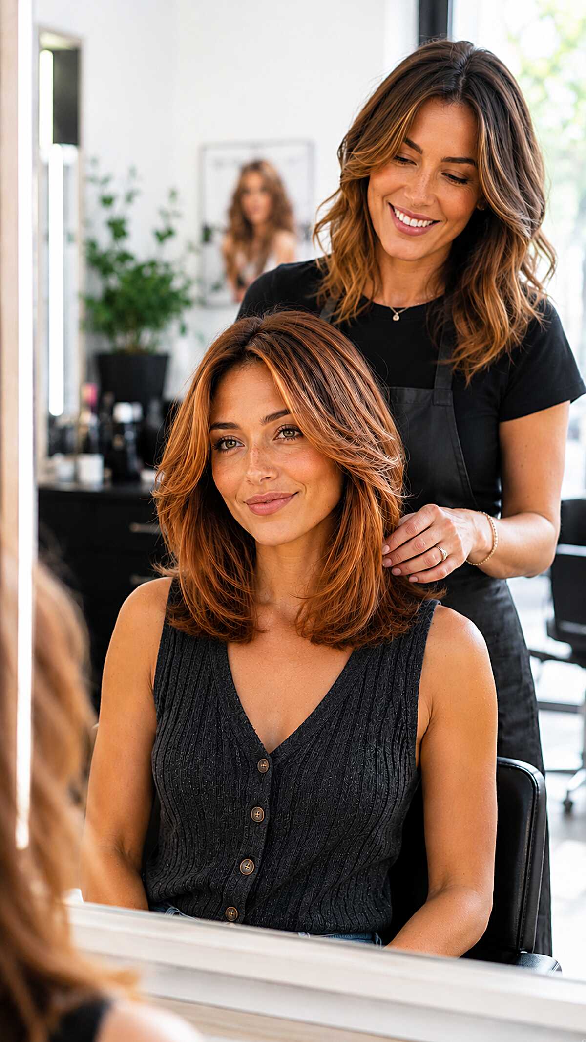 Cinnamon copper layered midi cut styled in salon