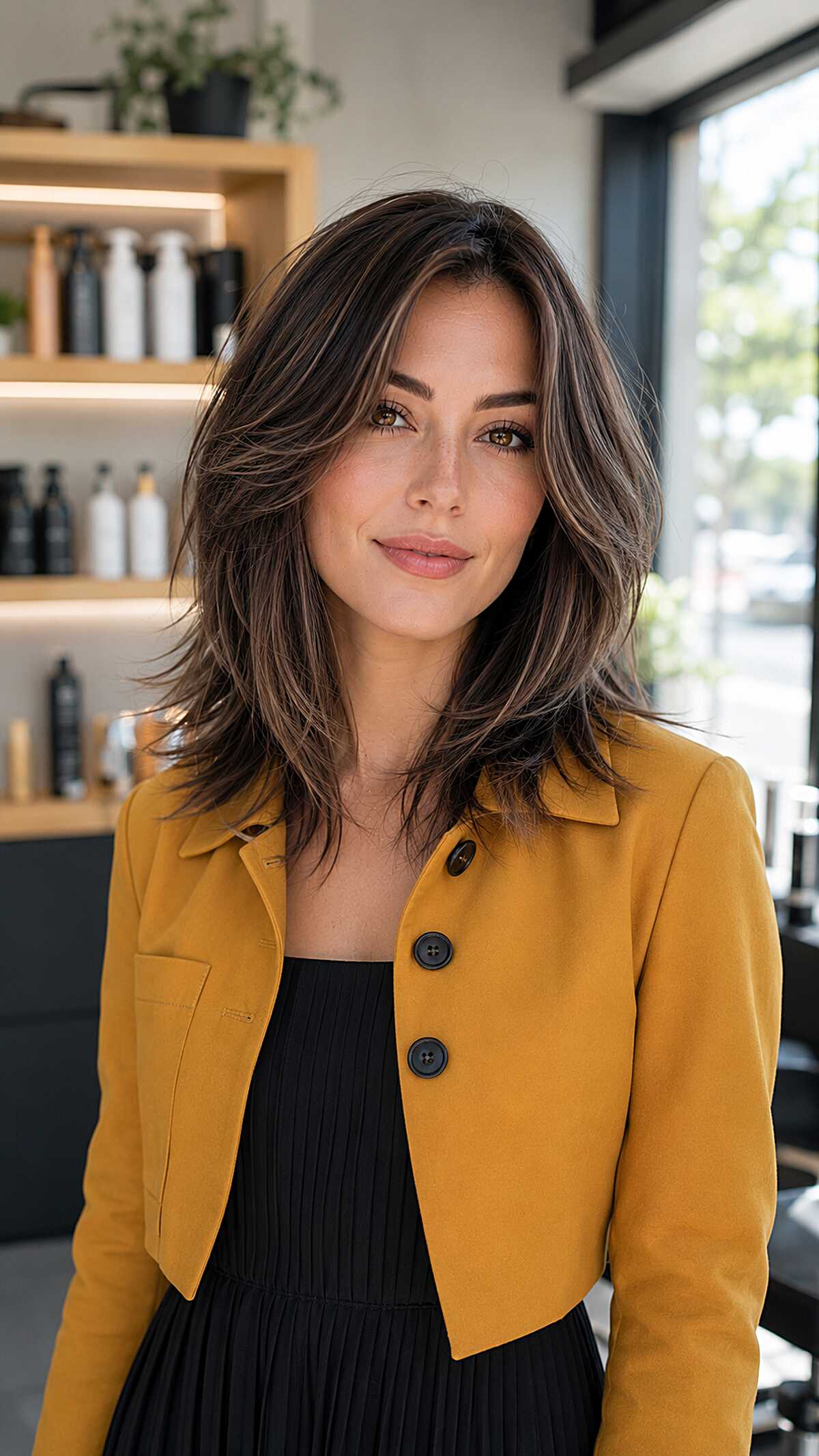 Cool brunette textured midi shag with movement
